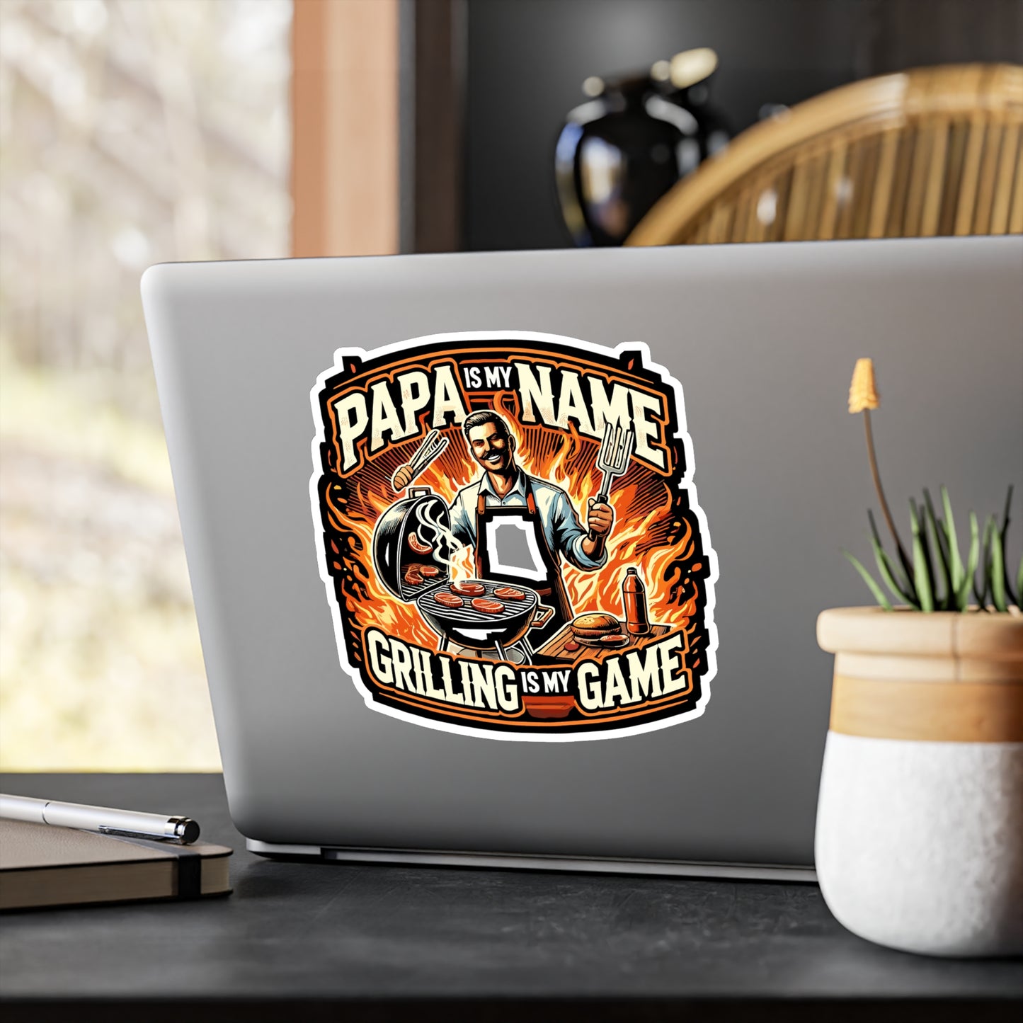 Papa Is My Name, Grilling Is My Game – Vinyl Grill Decal for Laptop or Water Bottle | Grilling Dad Gift