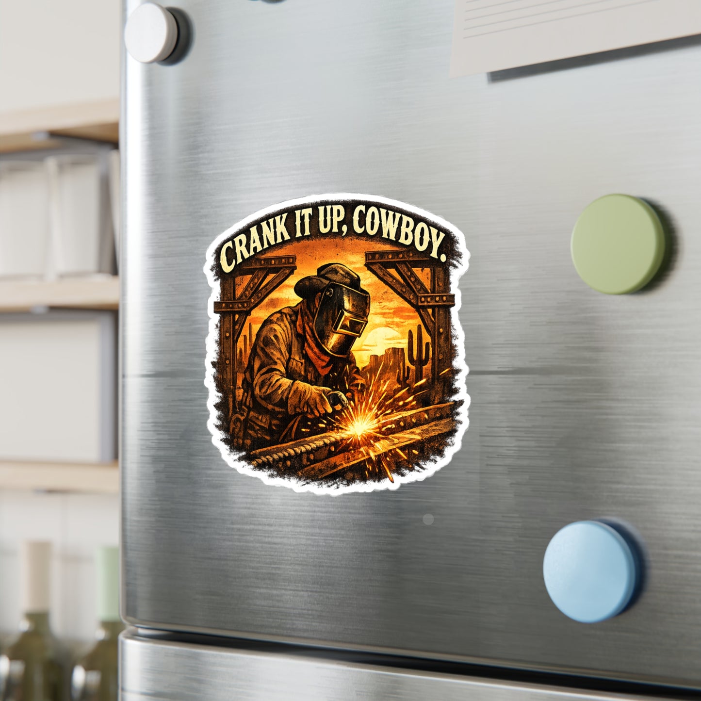 Welder Sticker Crank it up, Cowboy Funny Welding Vinyl Decals for Laptop Water Bottle, Waterproof Fabricator Gift