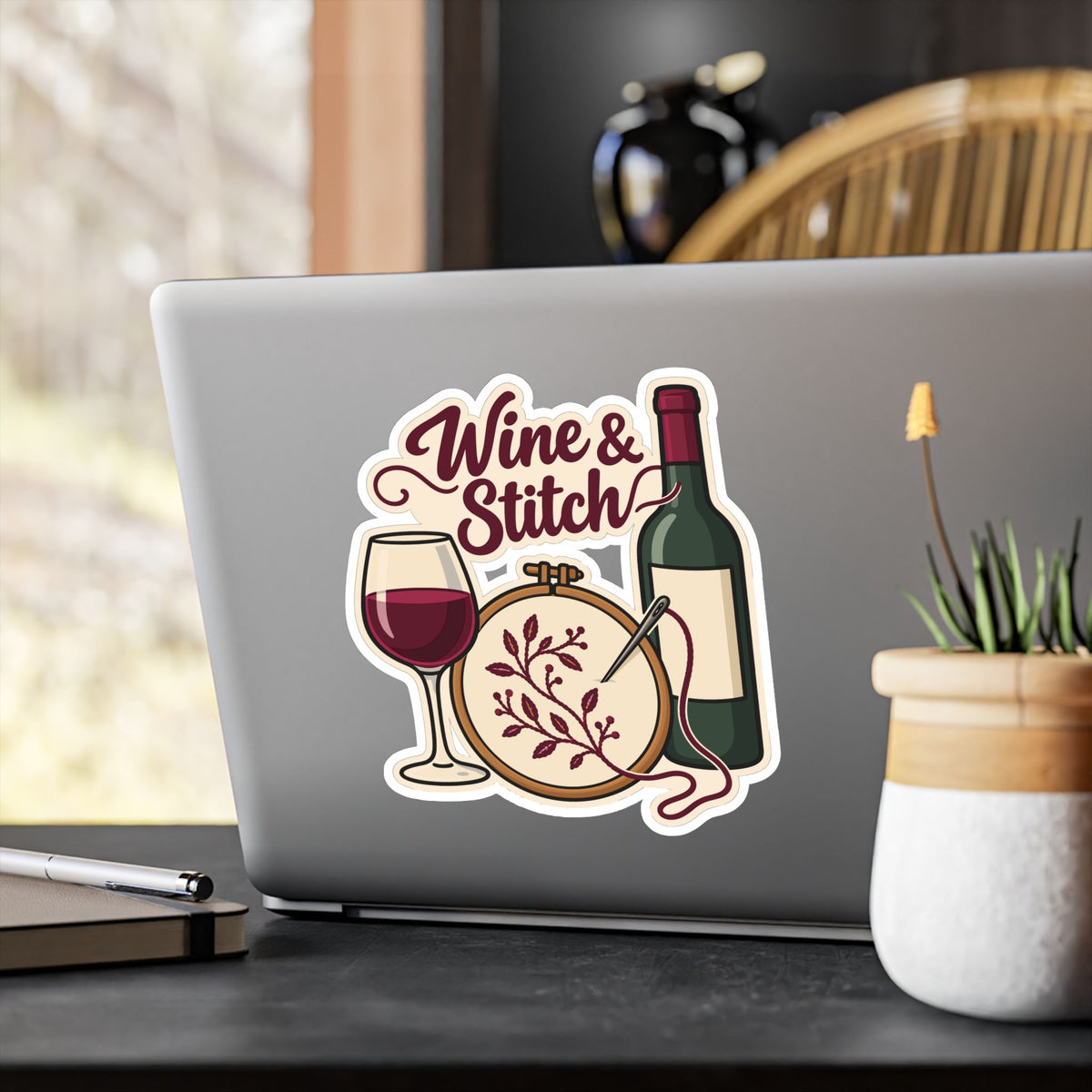 Embroidery Sticker - Wine & Stitch Design for Needlework and Stitching Fans, Crafting Decals for Laptop or Water Bottle