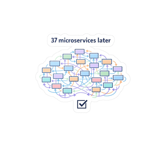 Coding Sticker “37 microservices later” Funny Programmer Decals, Source-Code Geek Semicolon Design, Waterproof Vinyl for Laptop, Water Bottle