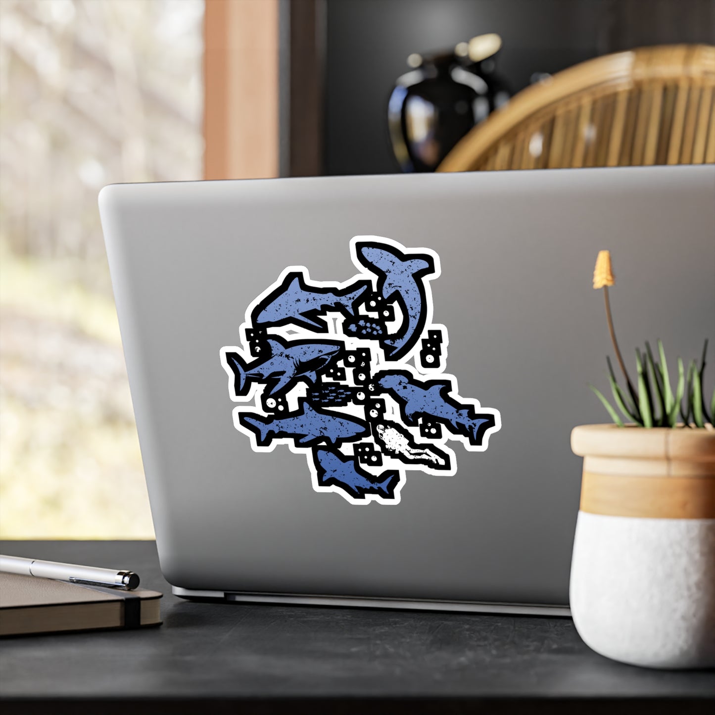 Scuba Diver with Sharks - Diver Sticker for Laptop Sticker. Water Bottle Sticker, Vinyl Scuba-diving Decal - Diver Gift
