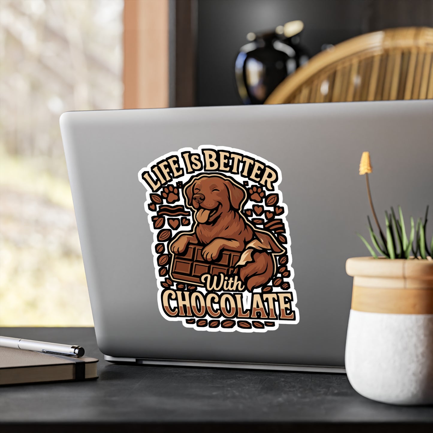Life Is Better With Chocolate – Chocolate Labrador Sticker, Vinyl Decal for Laptop & Water Bottle | Dog Lover Gift, Lab Owner Accessory