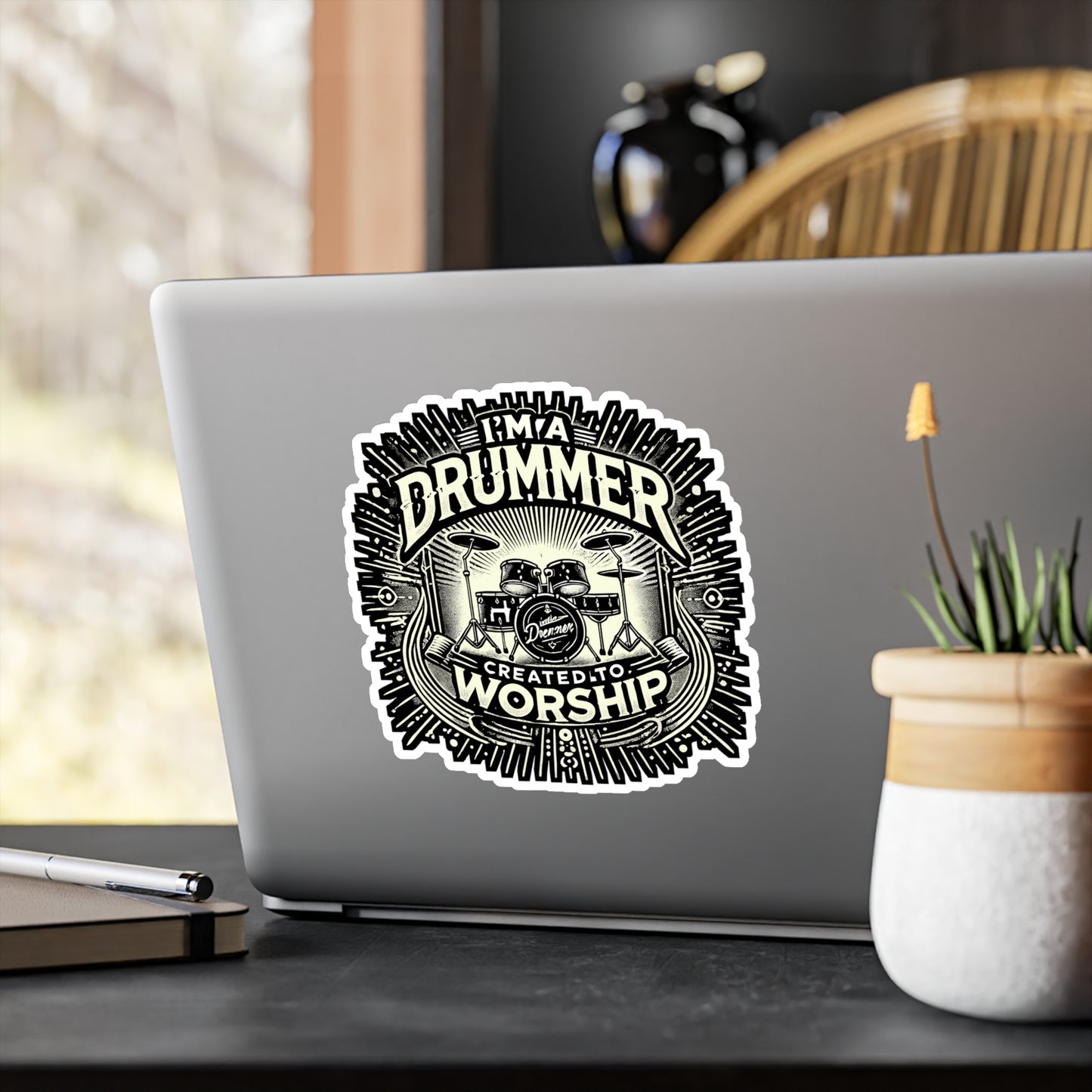 I'm A Drummer Created To Worship – Vinyl Sticker for Laptop, Water Bottle & Music Gear | Christian Drum Gift