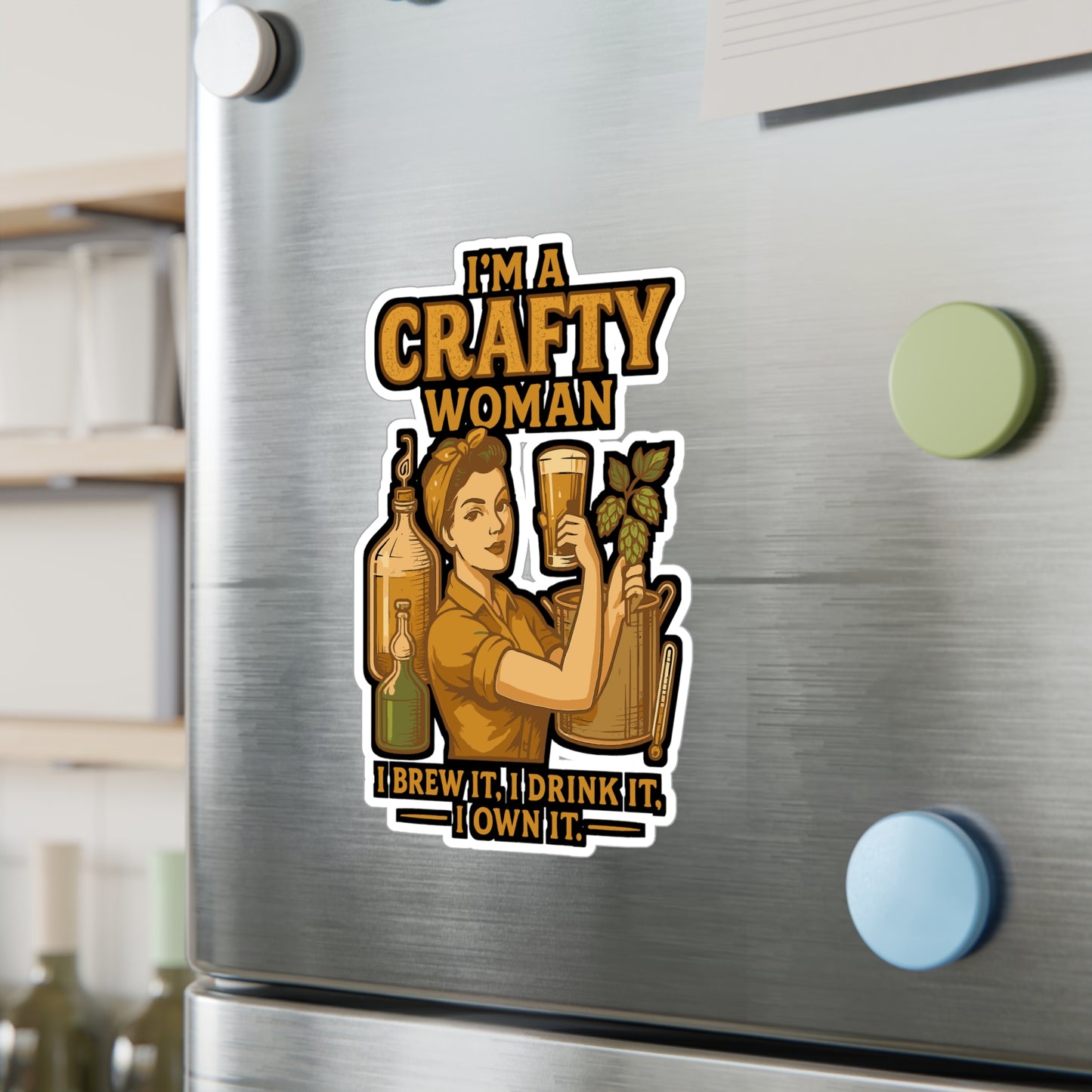 I'm A Crafty Woman - Home Brew Sticker - Waterproof Decal for Laptop, Water Bottle - Gift for Women, Crafters, Brewing Enthusiasts