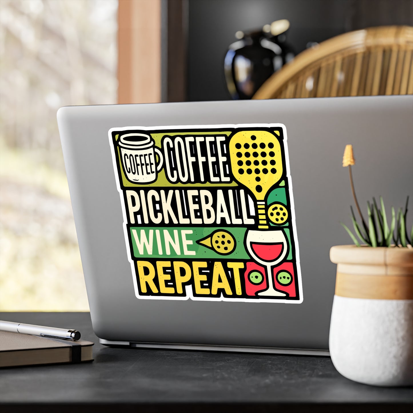 Coffee Pickleball Wine Repeat - Pickleball Sticker for Laptop Sticker. Water Bottle Sticker, Vinyl Dink Decal - Pickleball Gift