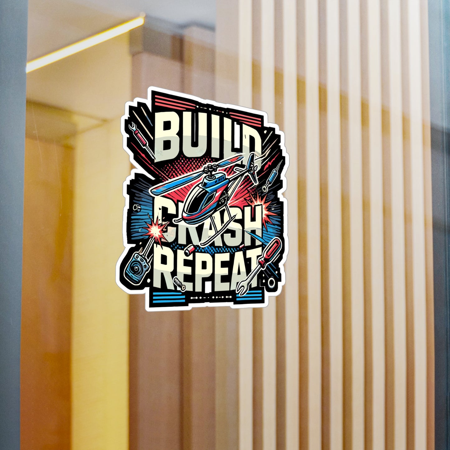 Build Crash Repeat - RC helicopter Sticker for Laptop Sticker. Water Bottle Sticker, Vinyl Model building Decal - RC helicopter Gift