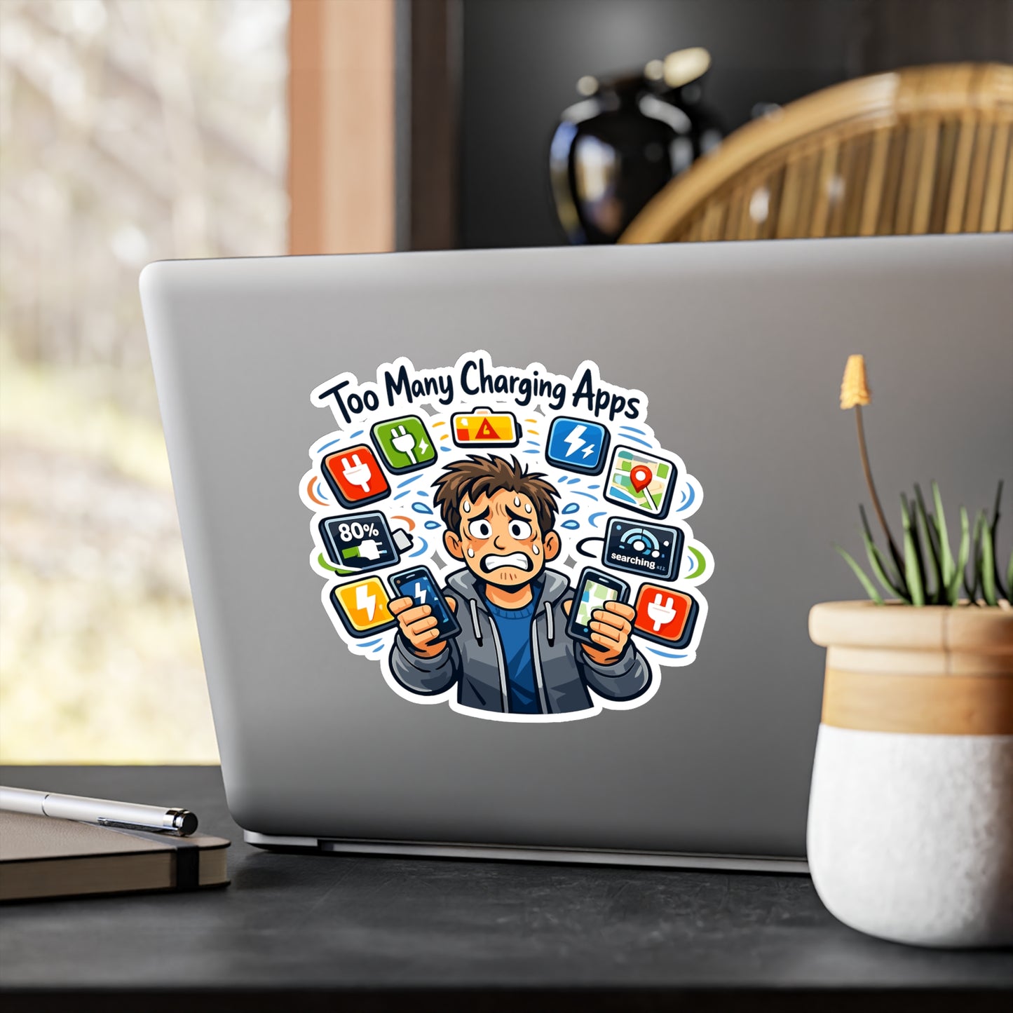 Electric Car Sticker "Too Many Charging Apps" Funny Electric Vehicle Vinyl Waterproof Stickers & Decals for Laptop, Water Bottle Rechargeable Battery