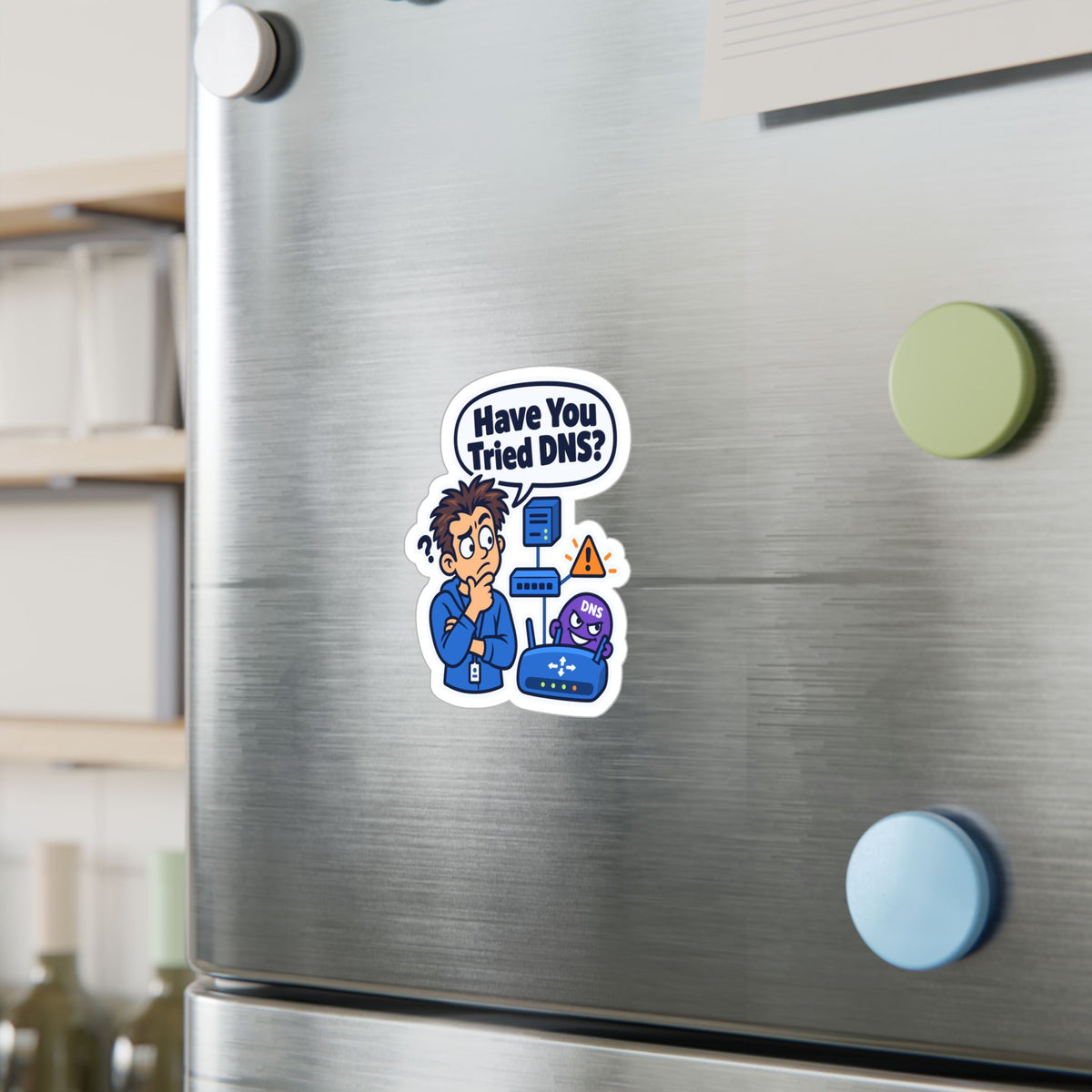 Tech Sticker "Have You Tried DNS" – Funny IT Decals with Reboot Button Humor, a Tech Bandage for Your Laptop