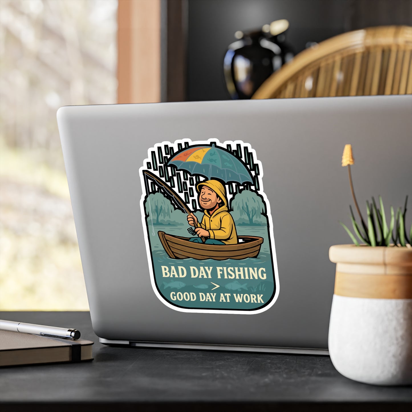 Fishing Sticker – "Bad Day Fishing > Good Day At Work" Vinyl Decals for Laptop, Water Bottle, Rain Umbrella, Boat, Waterproof Outdoor Decor
