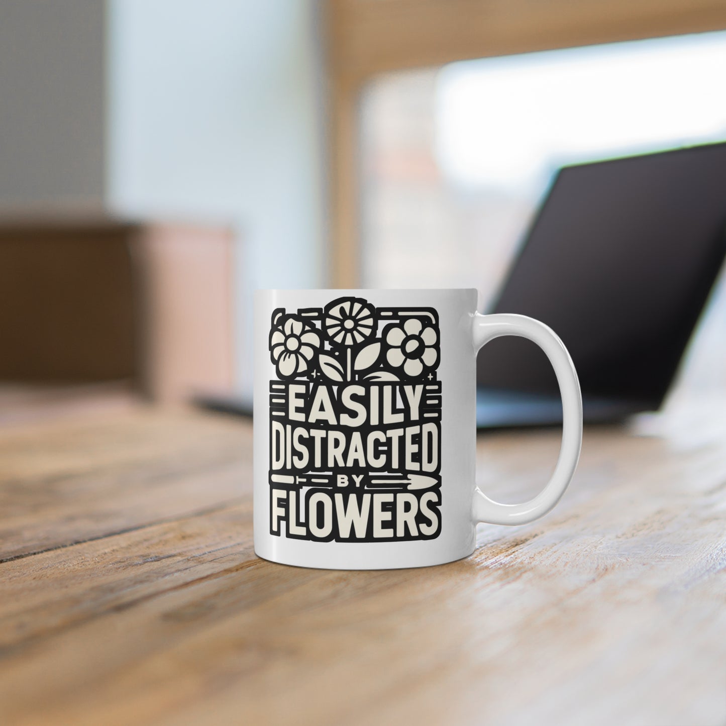 Easily Distracted By Flowers - Gardening Mug for Coffee 11oz. Gardening Cup, White ceramic, Landscaper Mug - Gardening Gift