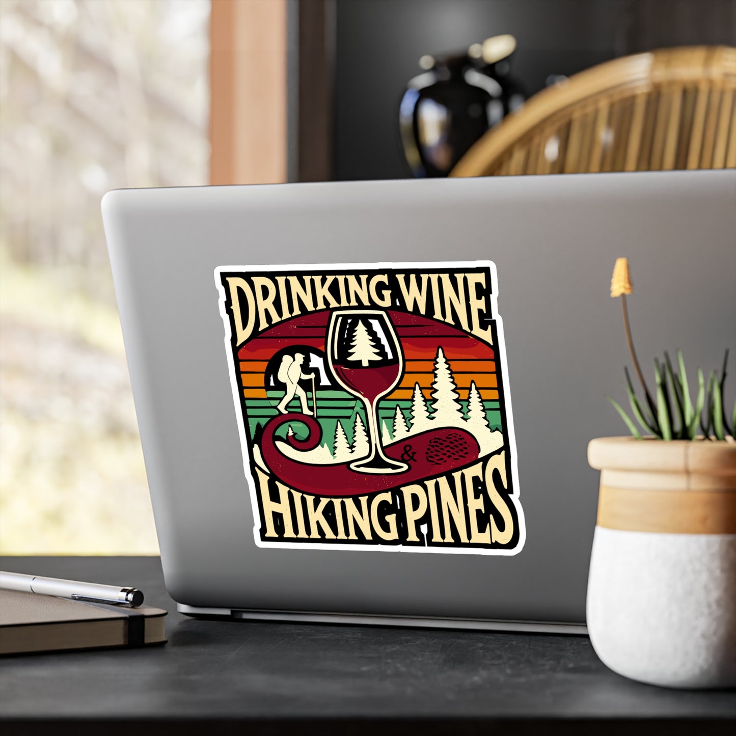 Drinking Wine and Hiking Pines - Wine Sticker for Laptop Sticker. Water Bottle Sticker, Vinyl Hiking Decal - Wine Gift