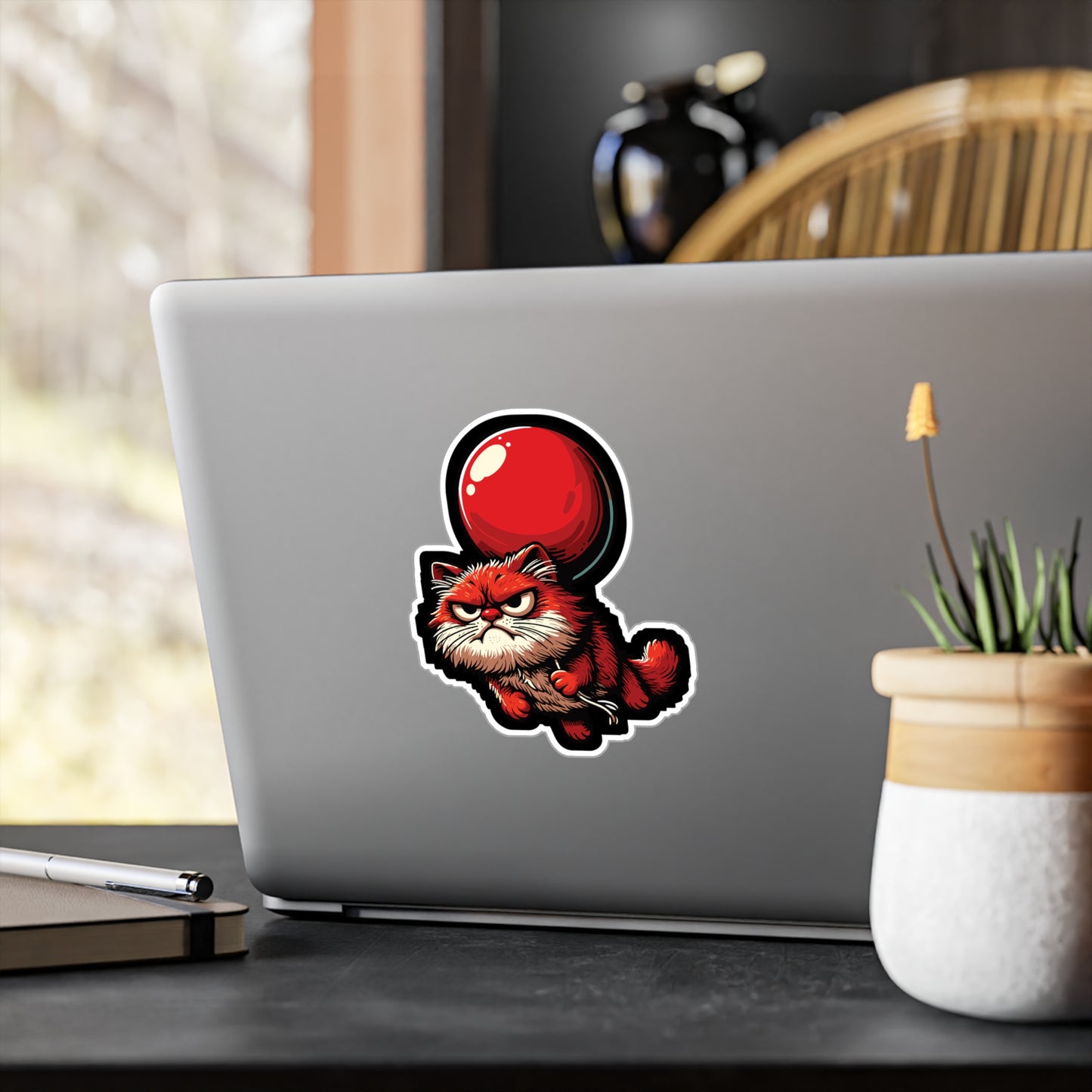 Cat with Balloon - Cat Sticker for Car Window Laptop Sticker. Water Bottle Sticker, Vinyl Balloon Decal, Floating Sticker - Cat Gift
