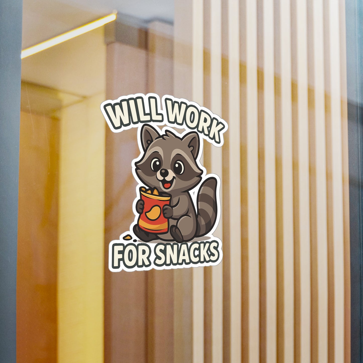 Raccoon Sticker – Cute Cartoon Animal Decals with “Will Work For Snacks” Design, Waterproof Vinyl for Laptop, Water Bottle