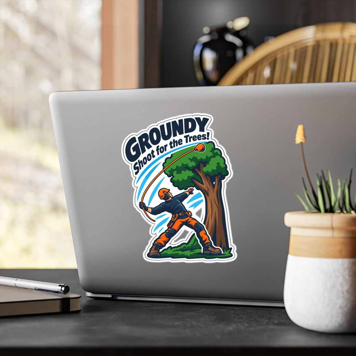 Tree Sticker – Groundy Shoot for the Trees! Funny Tree Worker and Branch Manager Decals for Laptop or Water Bottle