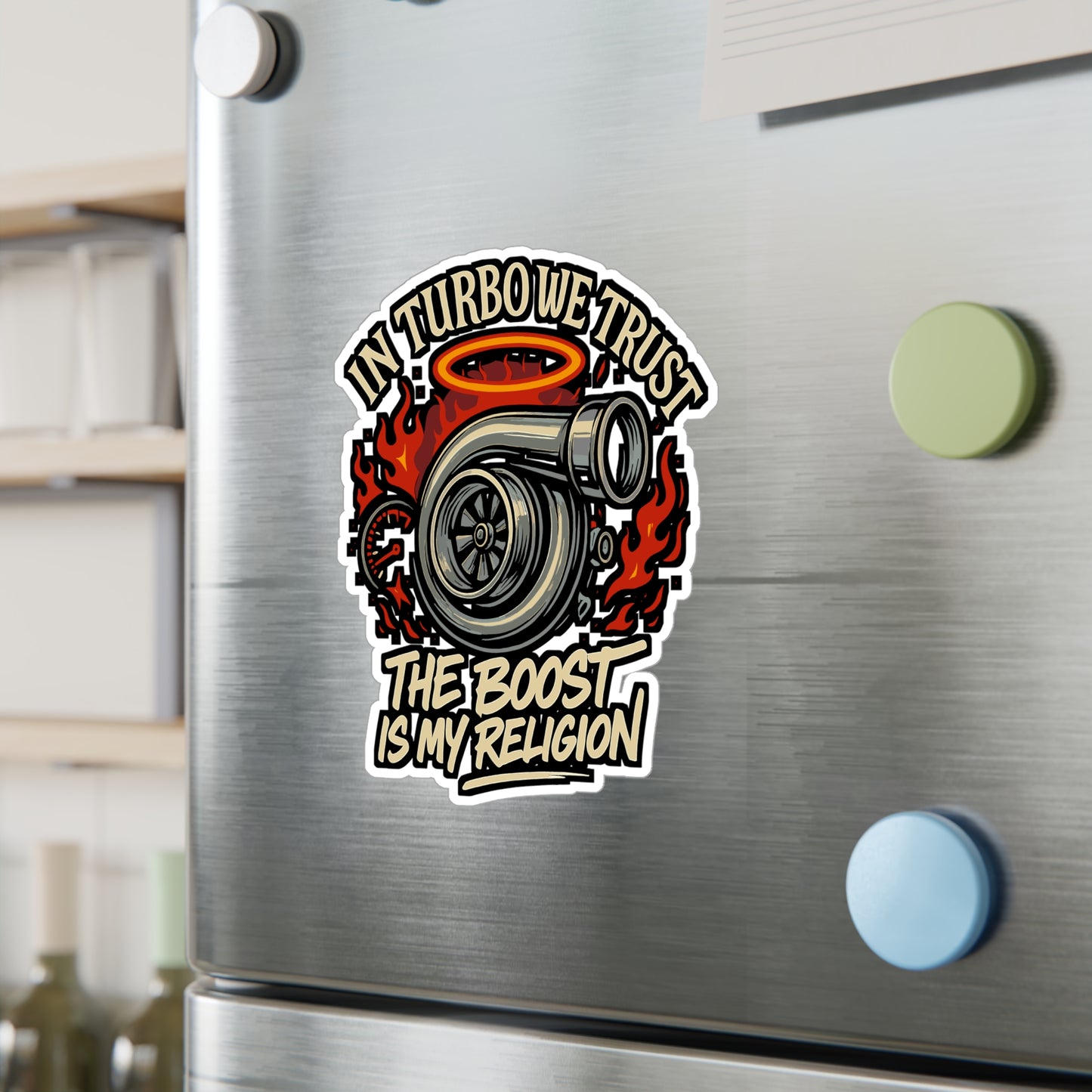 In Turbo We Trust The Boost Is My Religion - Turbo Sticker for Car, Laptop, Water Bottle - Gift for Car Enthusiasts, Tuning Fans