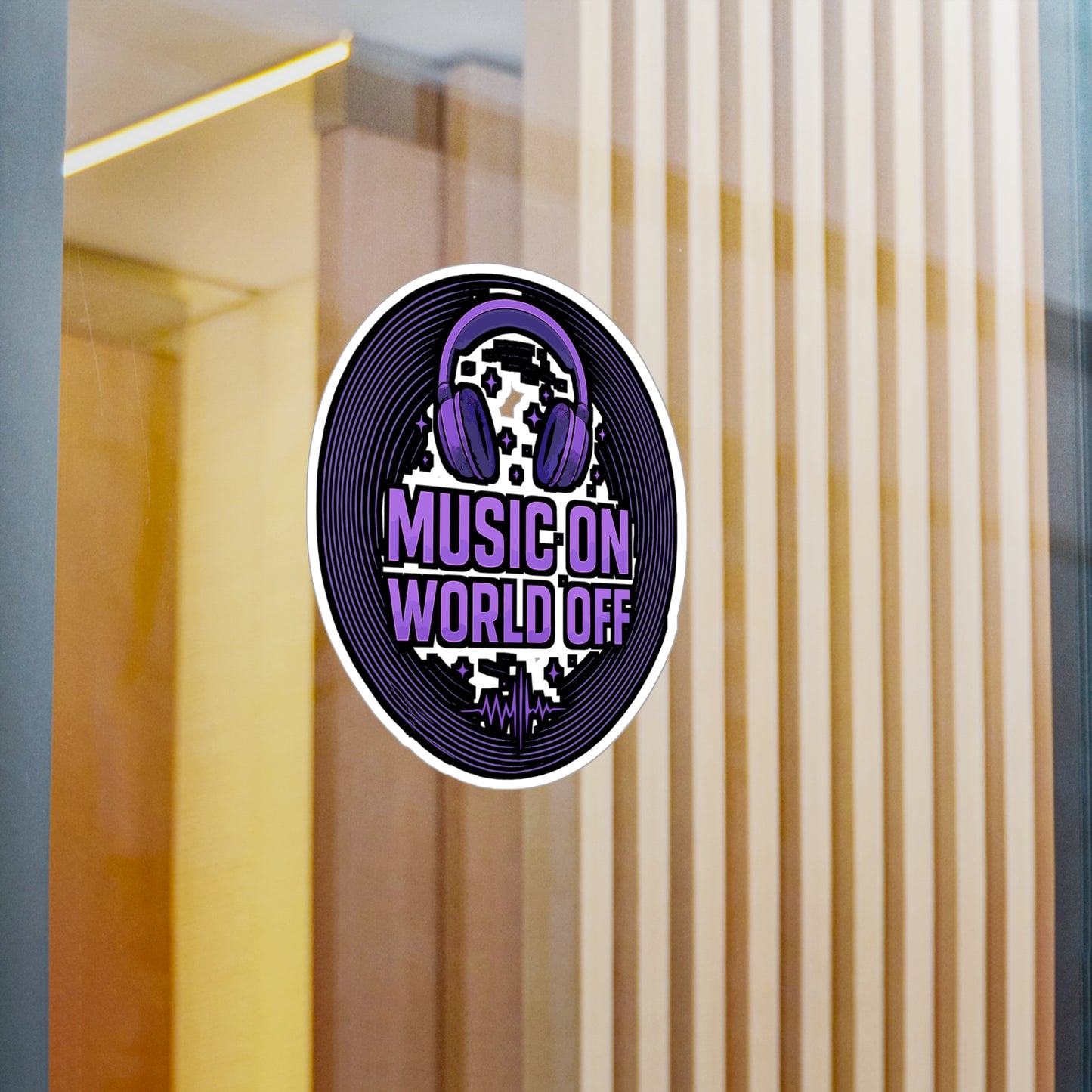 Music Sticker "Music On World Off" Decals – DJ Turntable Design, Waterproof Vinyl for Laptop, Water Bottle, Music Lovers Gift