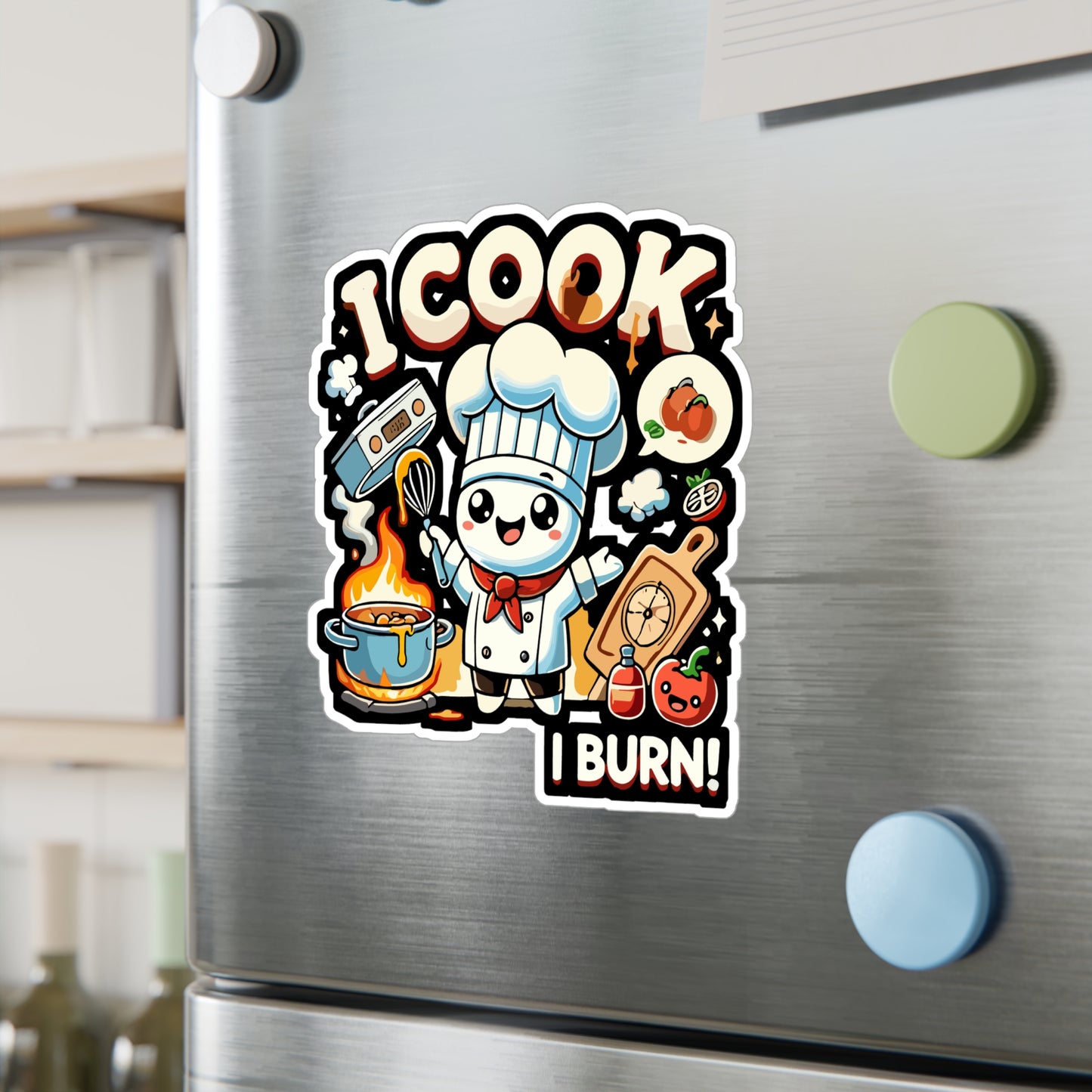 I Cook Therefore I Burn - Chef Sticker for Laptop Sticker. Water Bottle Sticker, Vinyl Cooking Decal - Chef Gift