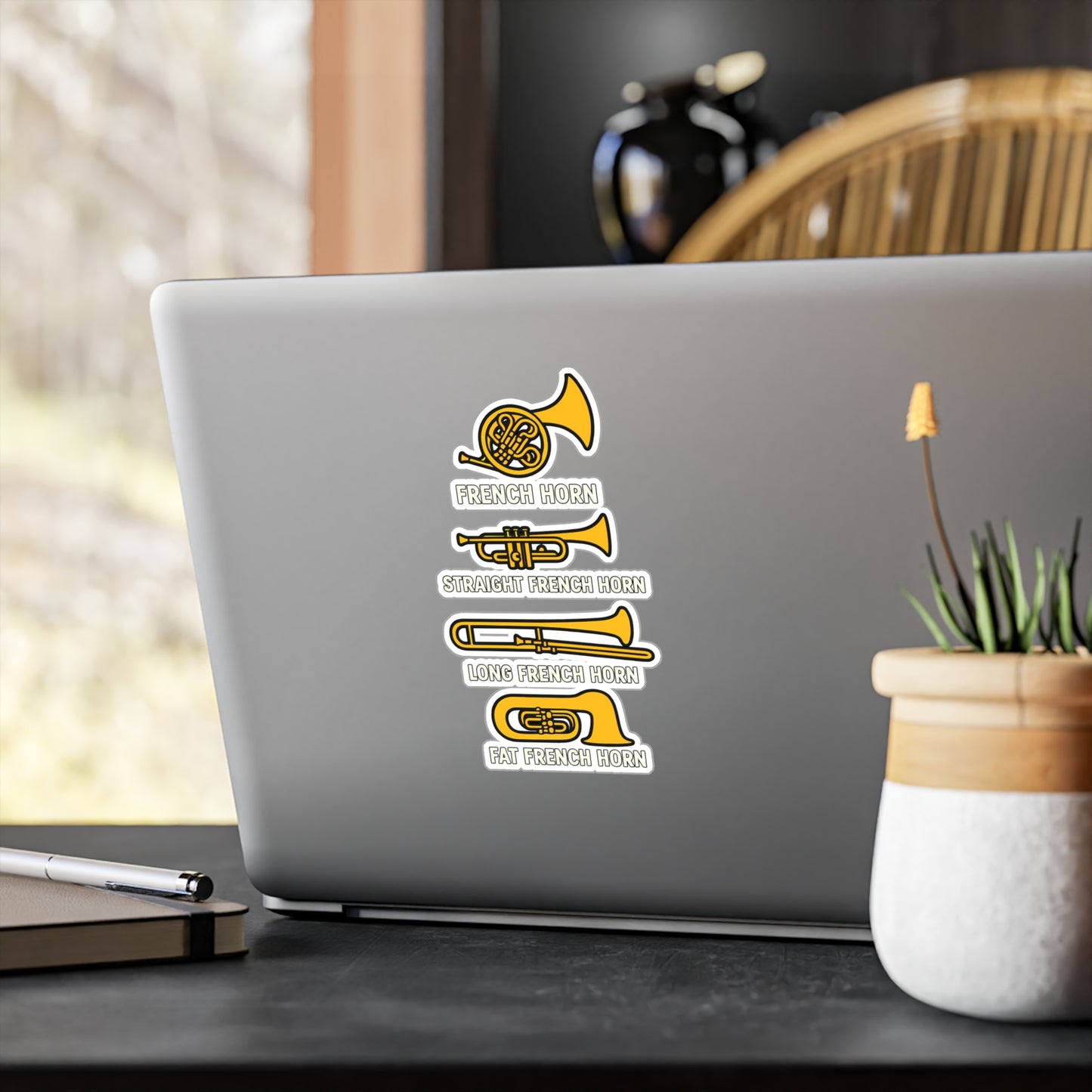Music Sticker – French Horn Decals for Laptop or Water Bottle, Orchestra Brass Band Vinyl Sticker, Waterproof Musician Gift