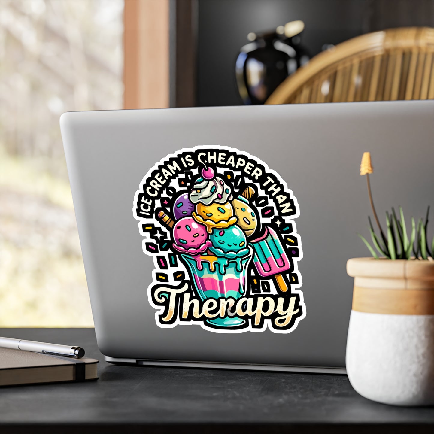 Ice Cream Is Cheaper Than Therapy - Ice cream Sticker for Laptop Sticker. Water Bottle Sticker, Vinyl Dessert Decal - Ice cream Gift