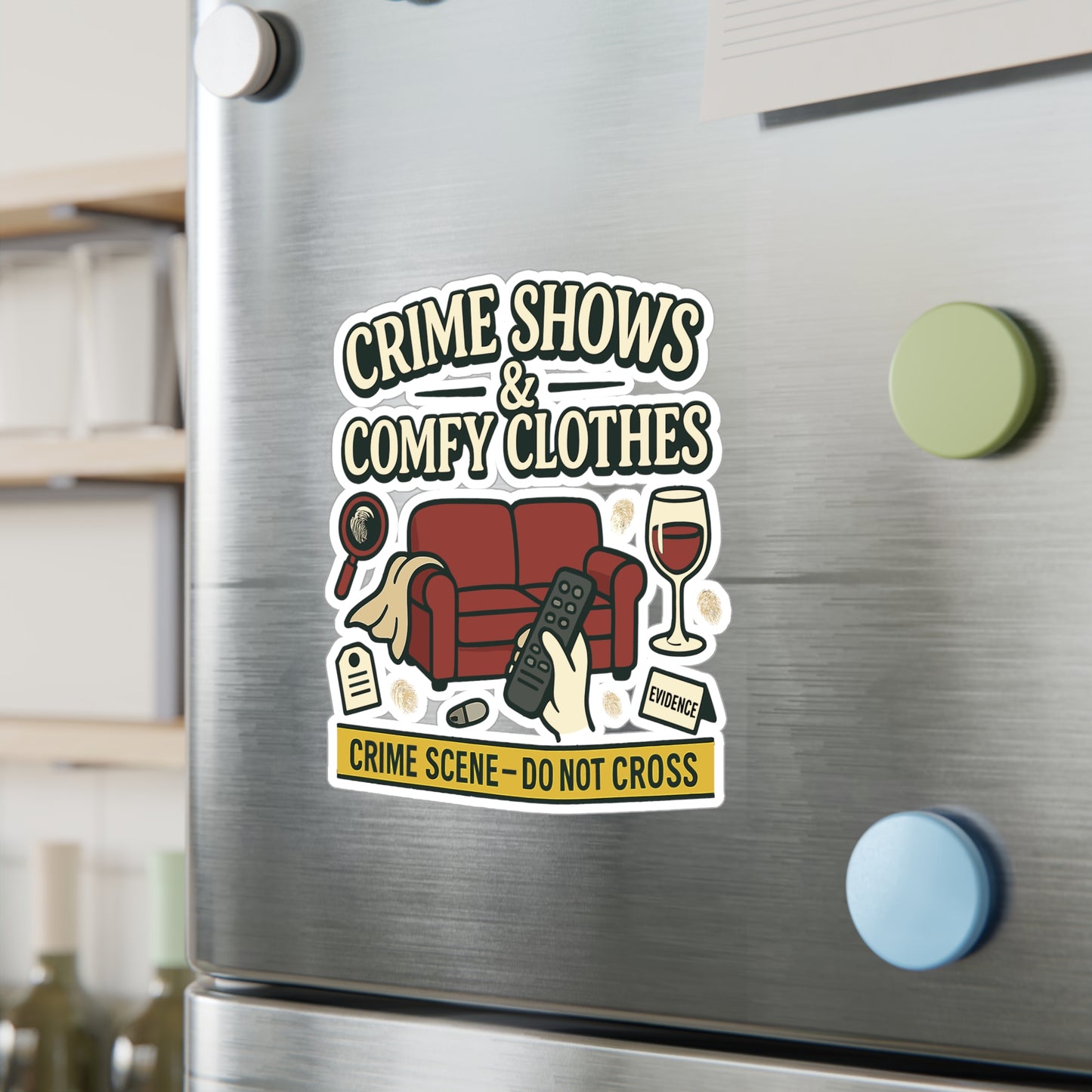 True Crime Sticker Decals – "Crime Shows & Comfy Clothes" Design, Waterproof Vinyl for Laptop, Water Bottle, Documentary, Serial-Killer Fans