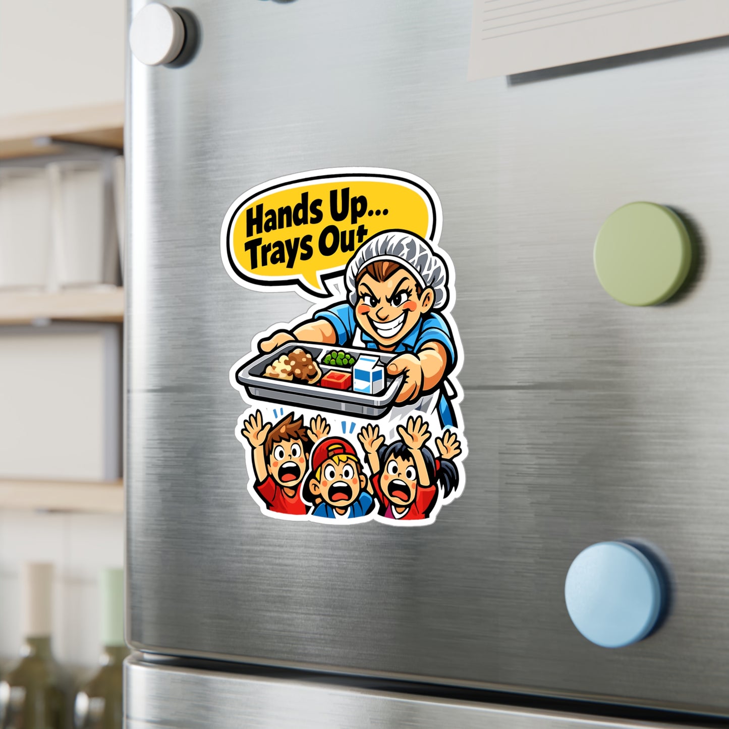 Lunch Lady Sticker “Hands Up... Trays Out” Funny School Canteen Lunch Vinyl Sticker Decals Waterproof for Laptop Water Bottle