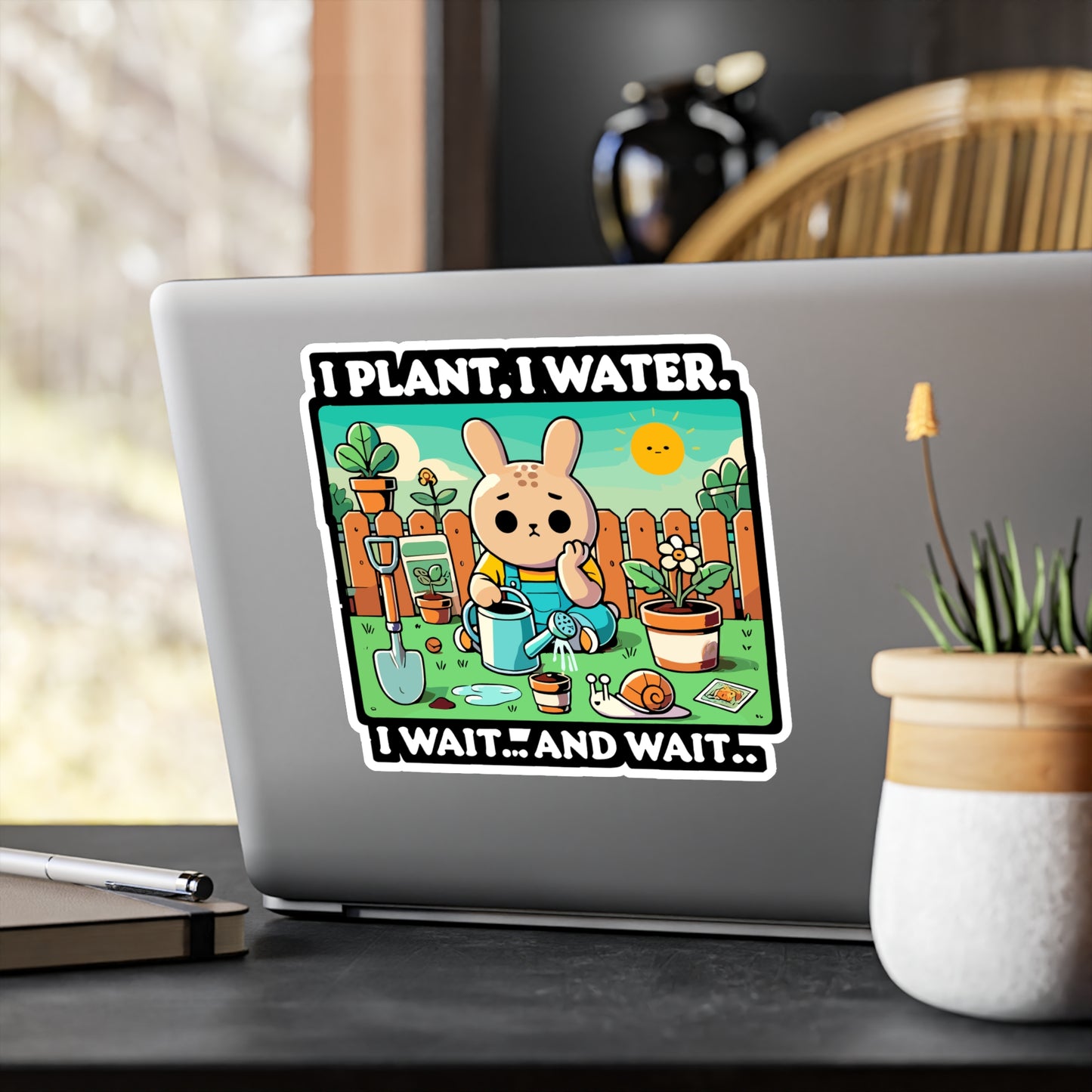 I Plant I Water I Wait and Wait - Gardening humor Sticker for Laptop Sticker. Water Bottle Sticker, Vinyl Cute bunny Decal - Gardening humor Gift