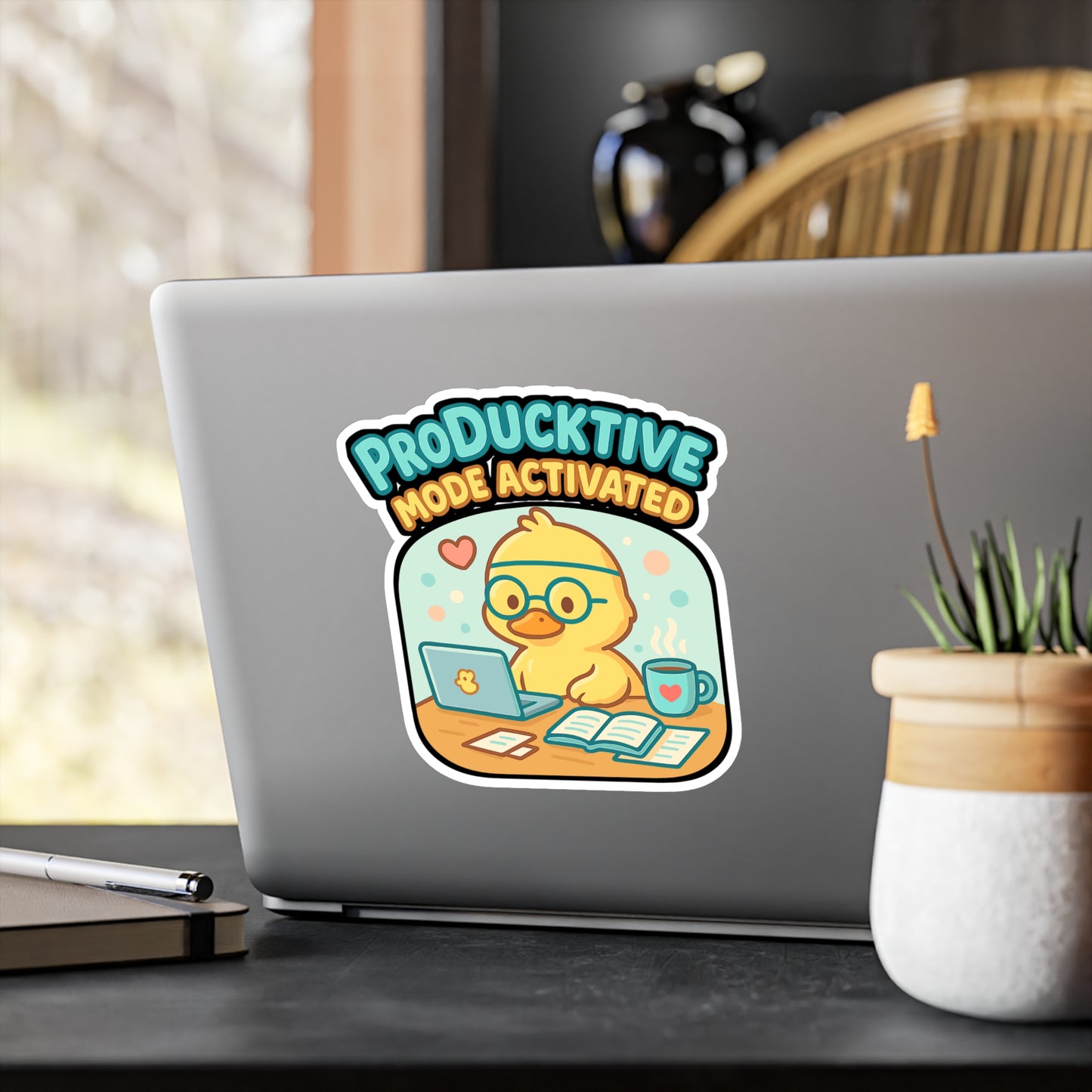 Duck Sticker Decals – "Producktive Mode On" Kawaii Productivity Motivation Vinyl for Laptop, Water Bottle, Waterproof