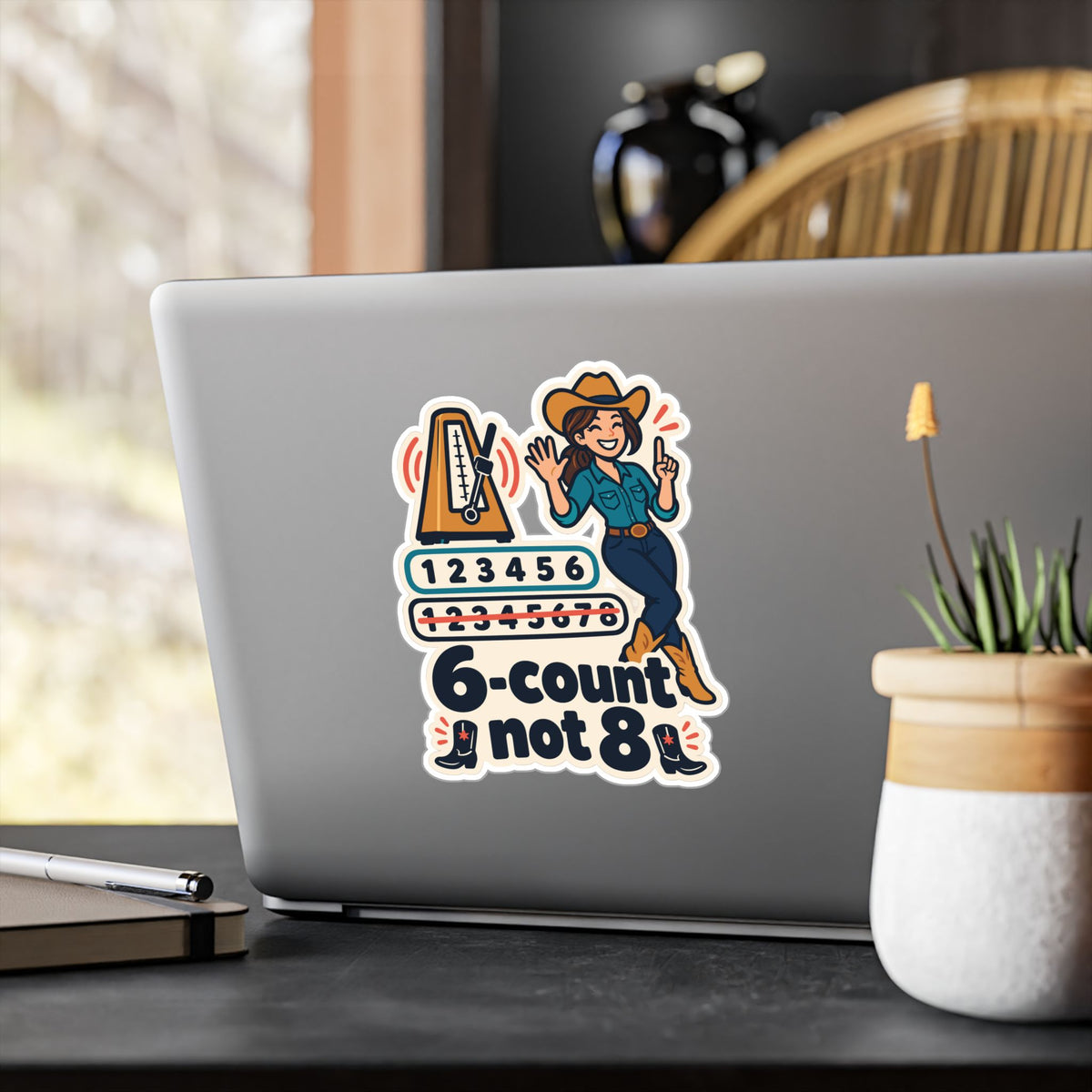 Line Dance Sticker – 6-count not 8, Country Dancer Design with Western Flair, Decals for Laptop or Water Bottle