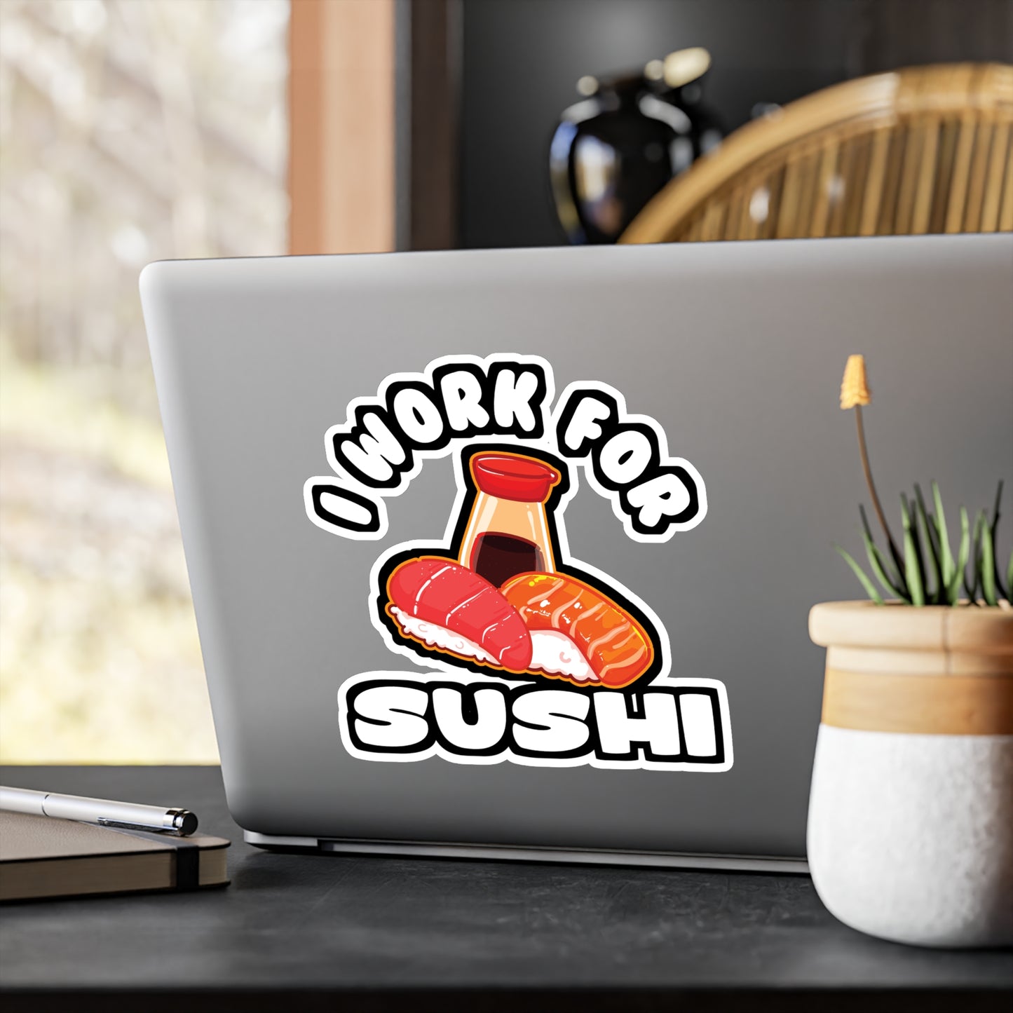 I Work For Sushi - Japan Sticker for Car Window Laptop Sticker. Water Bottle Sticker, Vinyl Japanese Decal, Gift idea Sticker - Japan Gift
