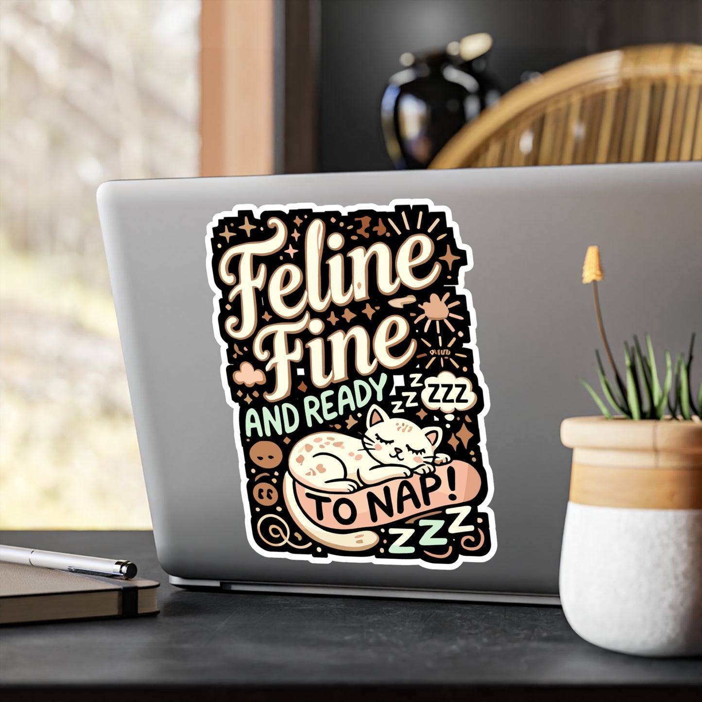 Feline Fine and Ready to Nap - Feline Sticker for Laptop Sticker. Water Bottle Sticker, Vinyl Cat nap Decal - Feline Gift