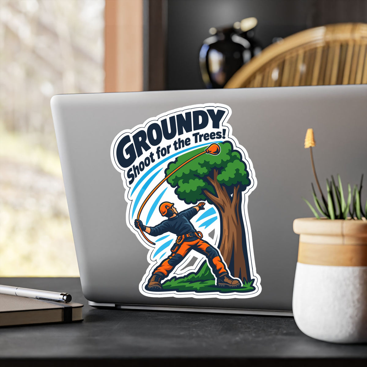 Tree Sticker – Groundy Shoot for the Trees! Funny Tree Worker and Branch Manager Decals for Laptop or Water Bottle