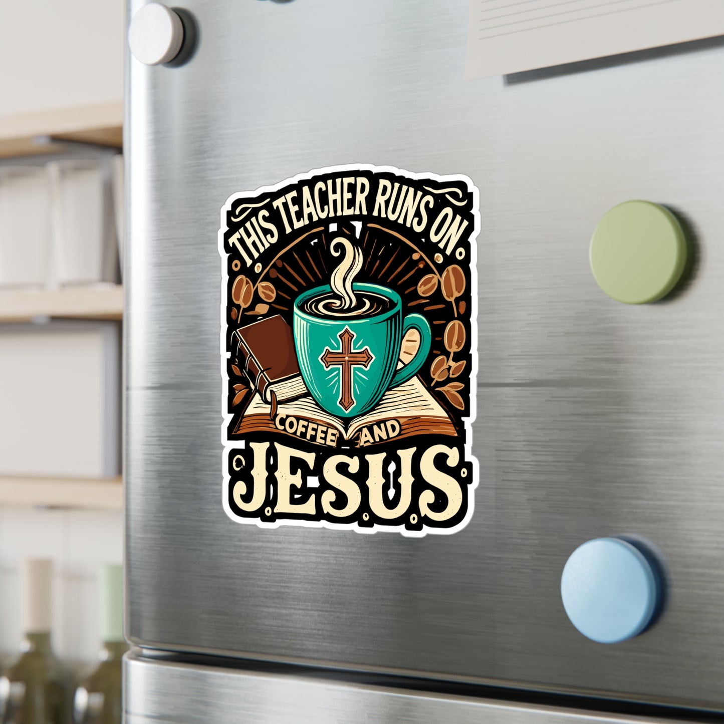 This Teacher Runs On Coffee And Jesus - Christian teacher Sticker for Laptop Sticker. Water Bottle Sticker, Vinyl Teacher Decal - Christian teacher Gift