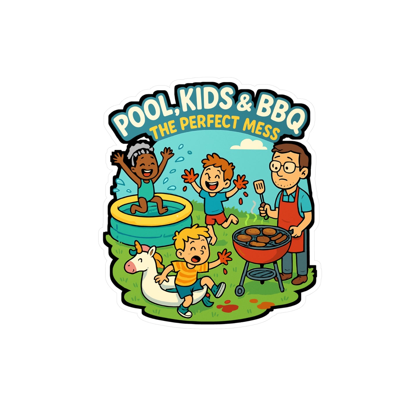 Kids Sticker – Pool Kids BBQ The Perfect Mess Decals for Summer, Waterproof Vinyl, Ketchup Grill Design for Laptop, Water Bottle