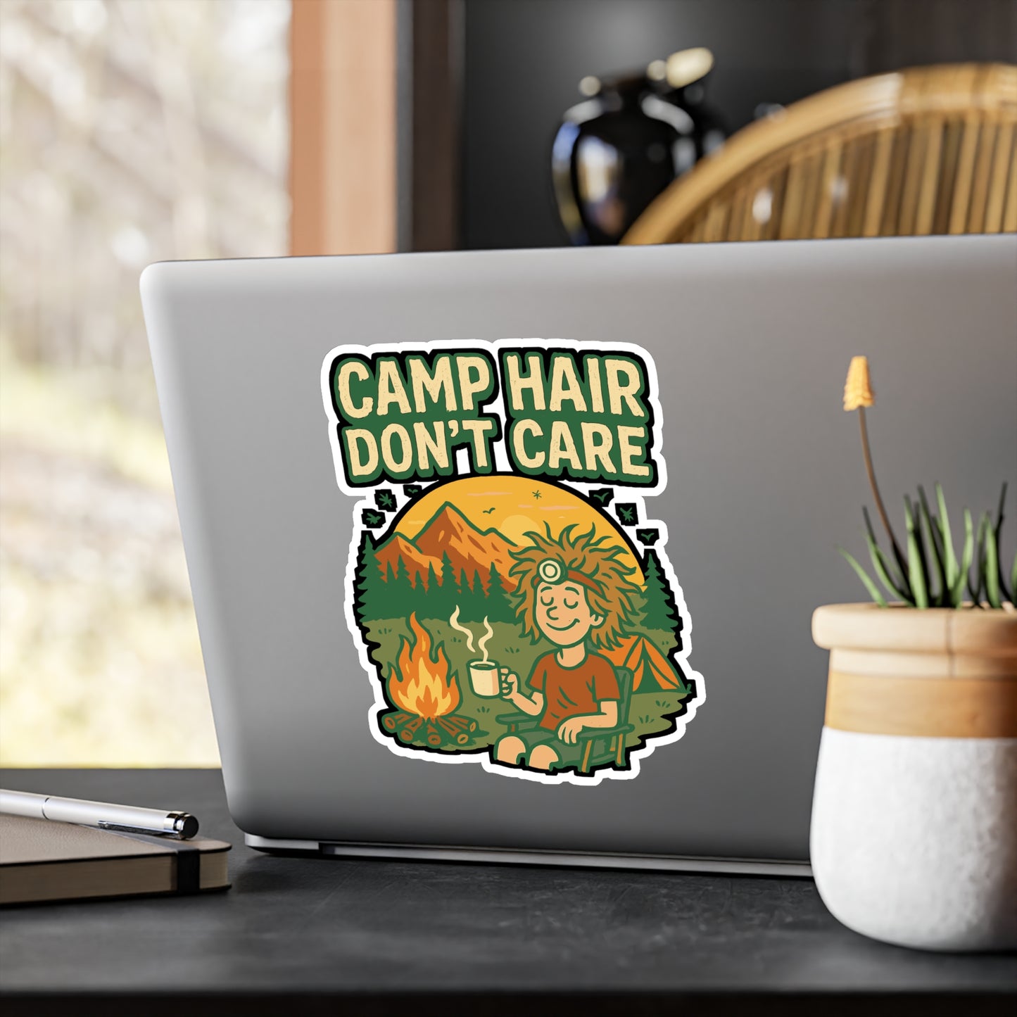 Camp Hair Don't Care - Camping Sticker for Water Bottles, Laptops, Outdoor Lovers, Great Gift for Campers