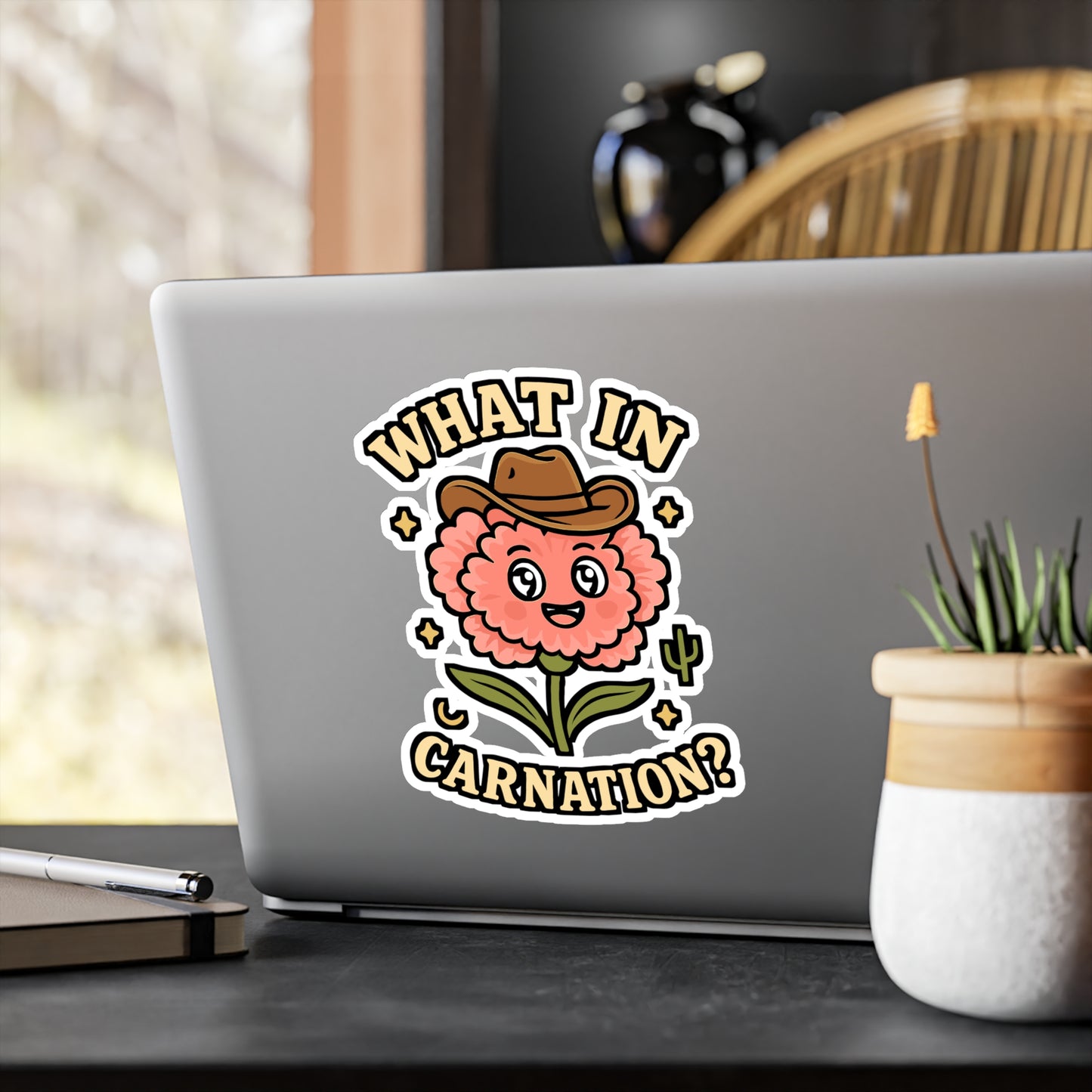 Cowboy Sticker – Kawaii "What In Carnation" Decals, Flower Pun Design, Waterproof Vinyl for Laptop, Water Bottle
