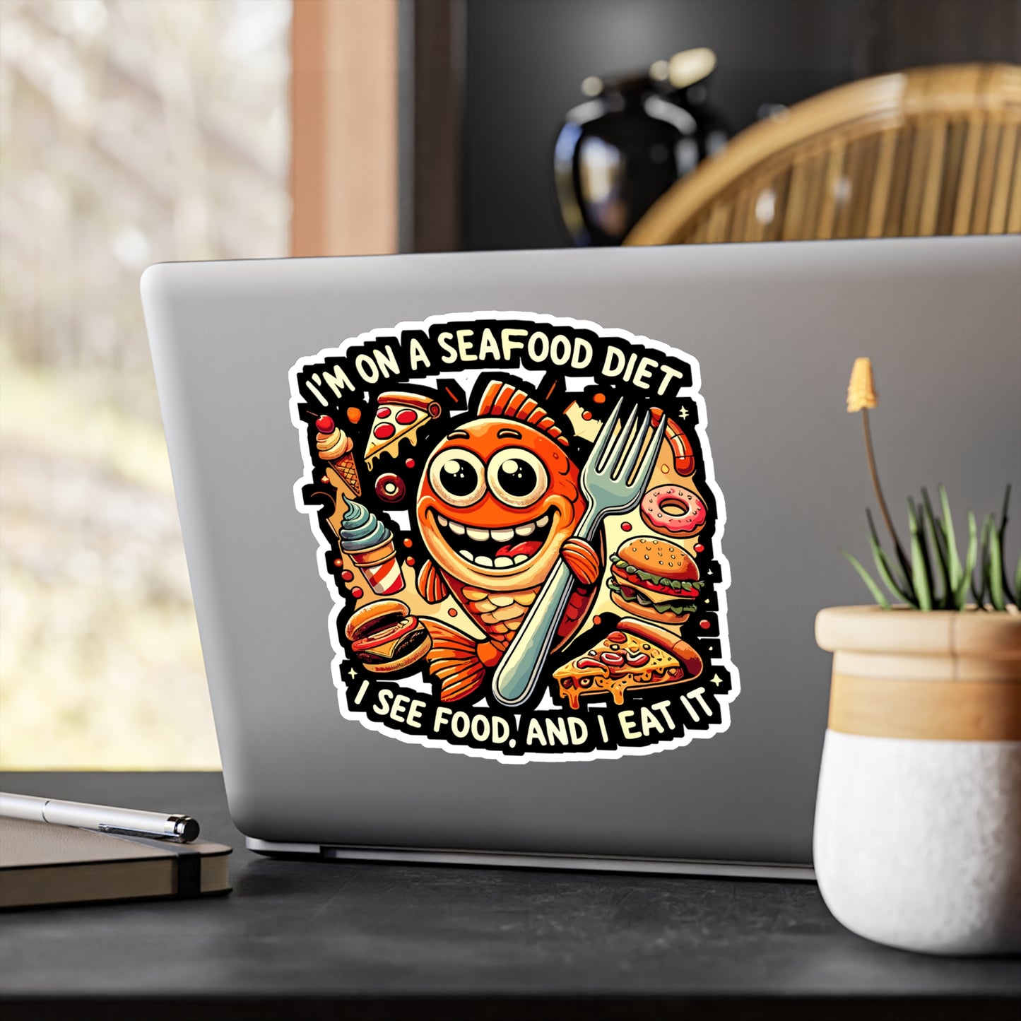 I'm on a Seafood Diet. I See Food, and I Eat It - Seafood diet joke Sticker for Laptop Sticker. Water Bottle Sticker, Vinyl Humor food lover Decal - Seafood diet joke Gift