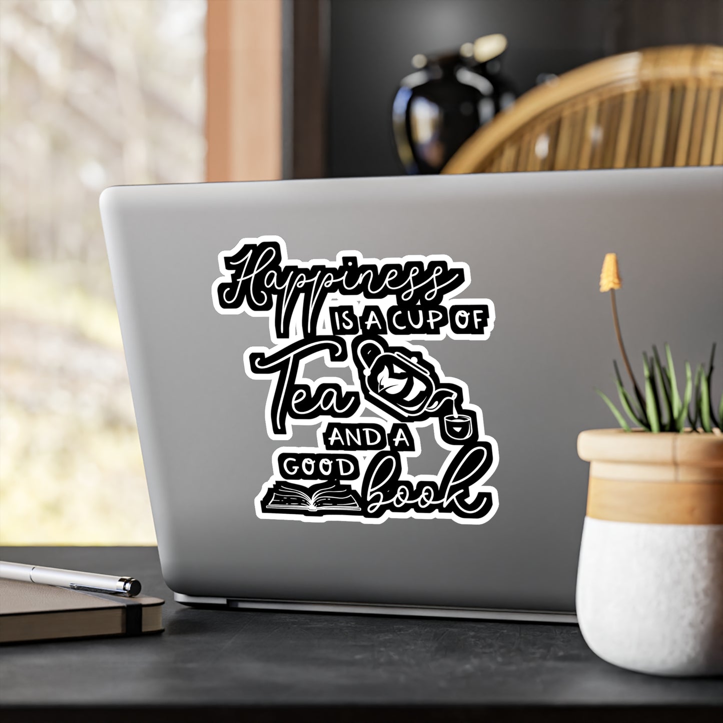 Happiness Is A Cup Of Tea & A Good Book - Tea Sticker for Laptop Sticker. Water Bottle Sticker, Vinyl Chai Decal - Tea Gift
