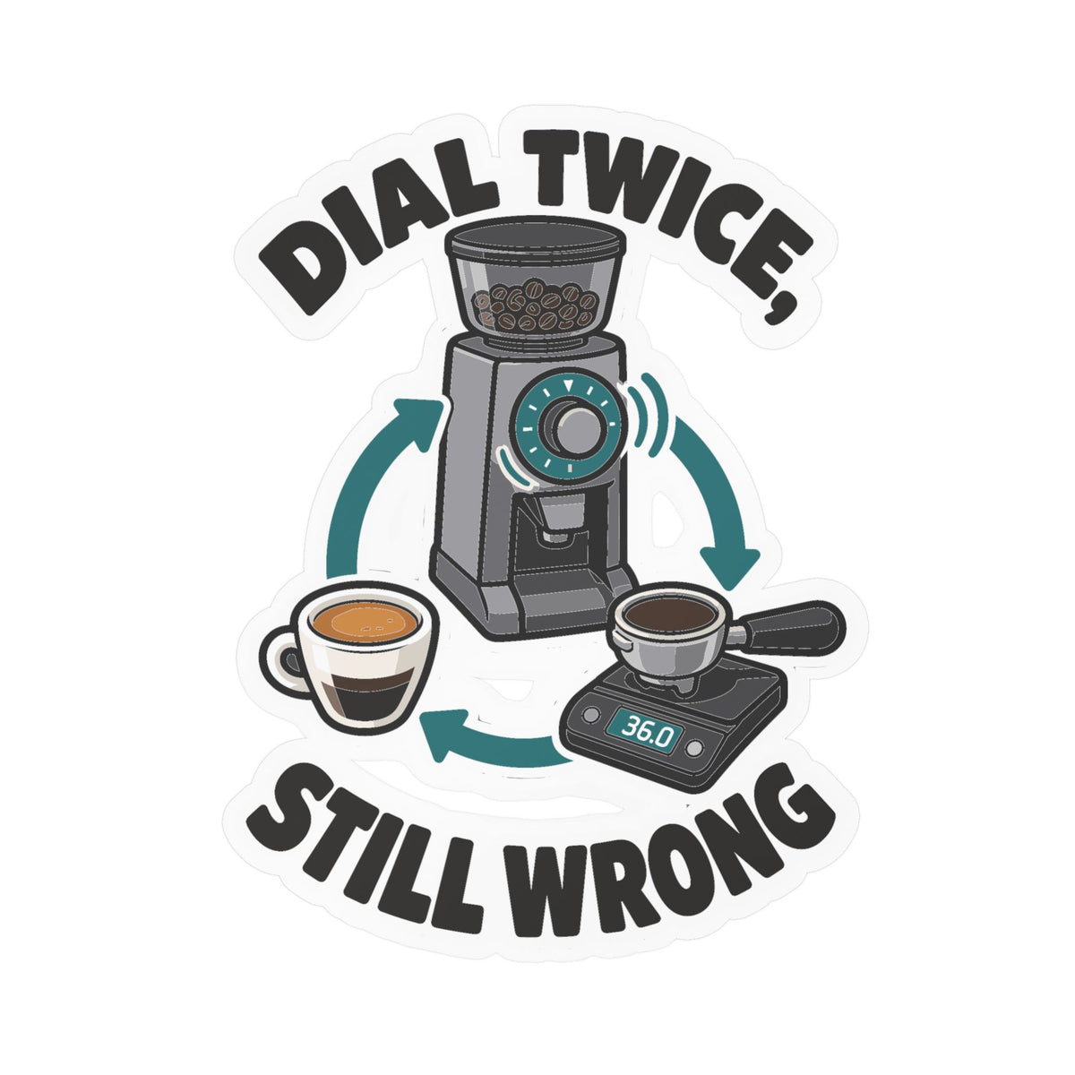 Espresso Sticker – Dial Twice, Still Wrong – Coffee Humor Decals for Your Grinder or Digital Scale