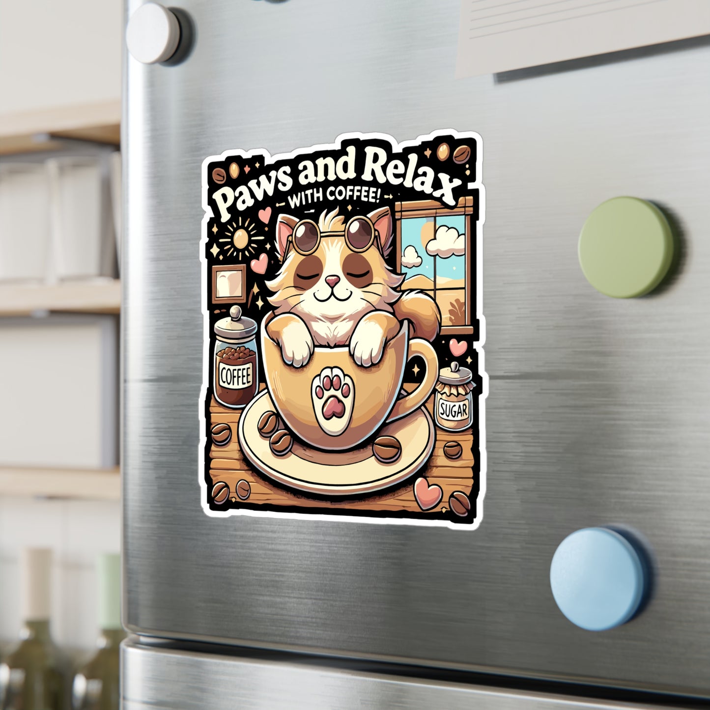 Paws and Relax with Coffee - Coffee Sticker for Laptop Sticker. Water Bottle Sticker, Vinyl Cat Decal - Coffee Gift