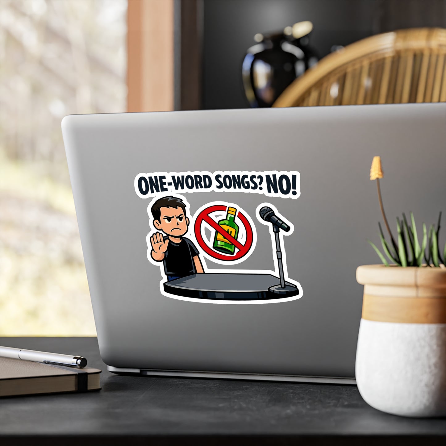 Karaoke Sticker “One-word songs? No!” Funny Music Decals, Waterproof Vinyl for Laptop or Water Bottle, Beer Booze Party Vibe