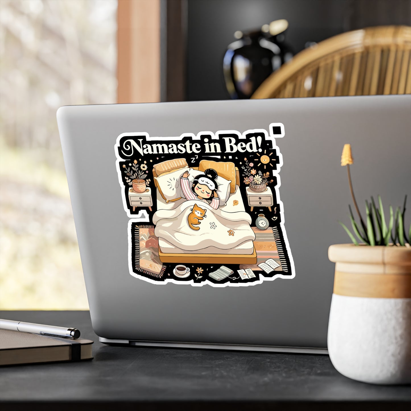 Namaste in Bed - Yoga Sticker for Laptop Sticker. Water Bottle Sticker, Vinyl Cozy yoga Decal - Yoga Gift