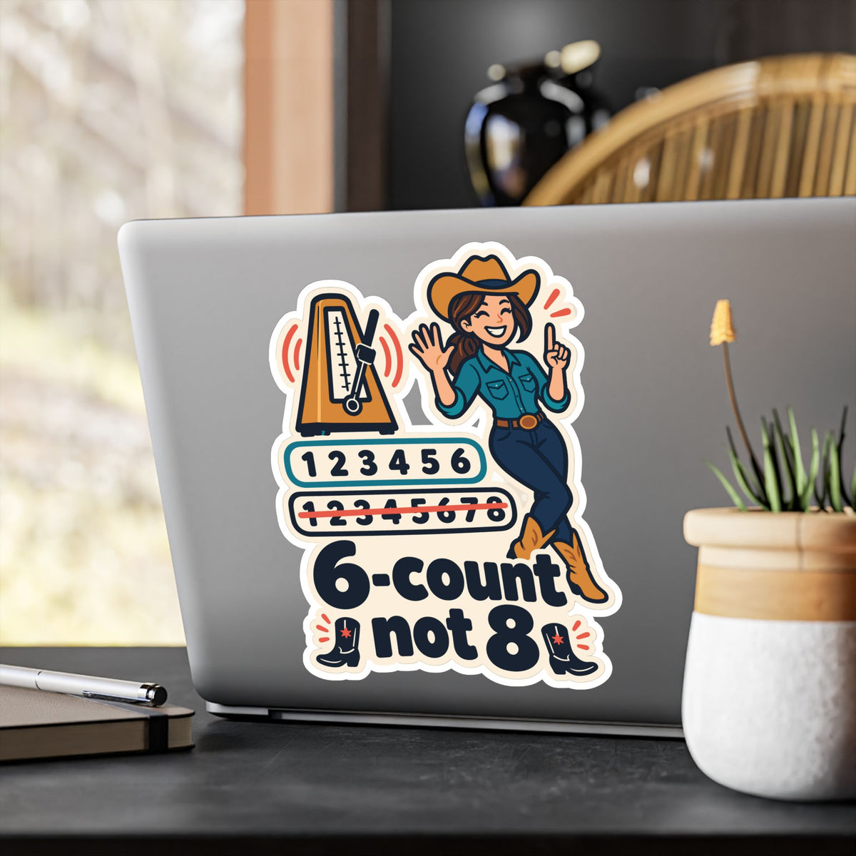 Line Dance Sticker – 6-count not 8, Country Dancer Design with Western Flair, Decals for Laptop or Water Bottle