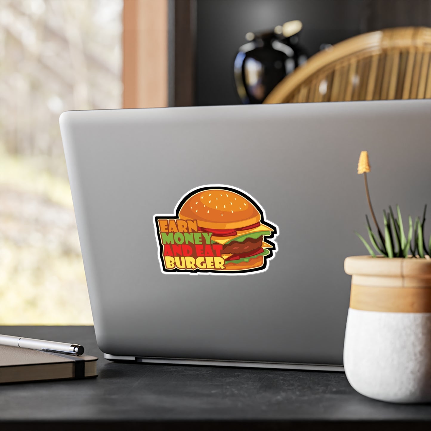 Earn Money And Eat Burger - Fastfood Sticker for Laptop Sticker. Water Bottle Sticker, Vinyl Fast food Decal - Fastfood Gift