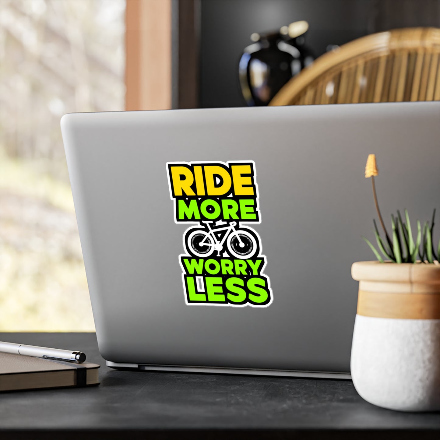 Ride more, worry less   - Cycling Sticker for Window Laptop Sticker. Water Bottle Sticker, Vinyl Cyclist Decal - Cycling Gift