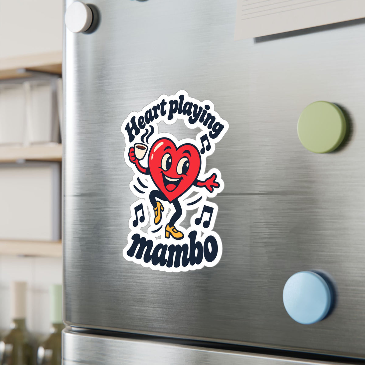 Cartoon Sticker Heart Playing Mambo - Espresso and Music Design Decals for Laptop and Water Bottle