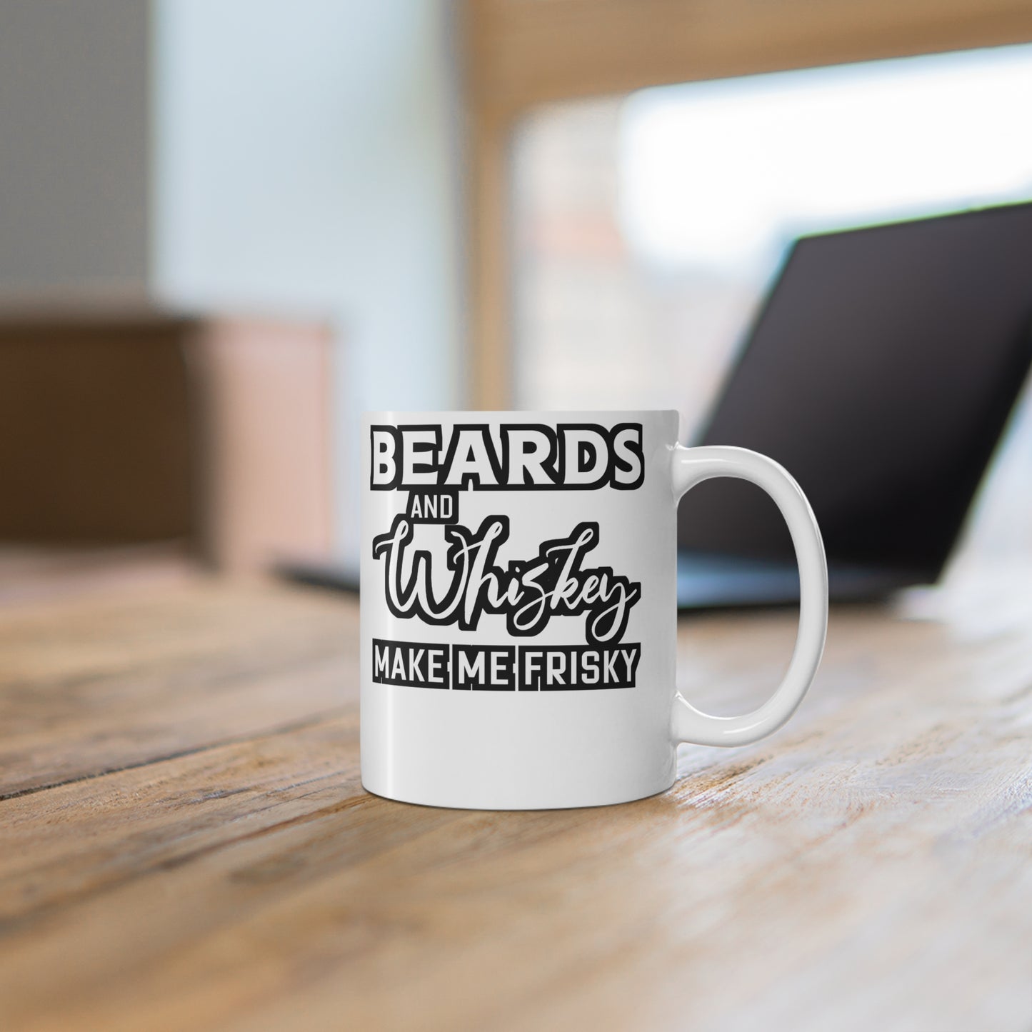 Beards and Whiskey Make Me Frisky - Beard Mug for Coffee 11oz. Beard Cup, White ceramic, Bearded Mug, Man Tea Cup - Beard Gift