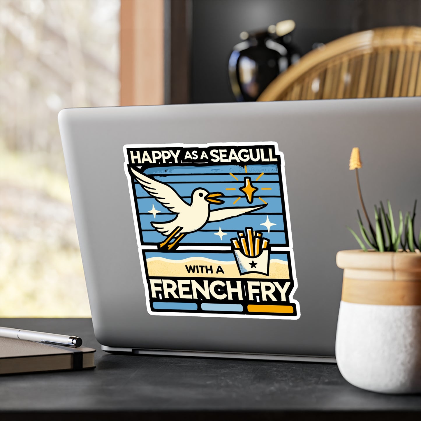 Happy As Seagull With A French Fry - Seagull Sticker for Laptop Sticker. Water Bottle Sticker, Vinyl Seabirds Decal - Seagull Gift