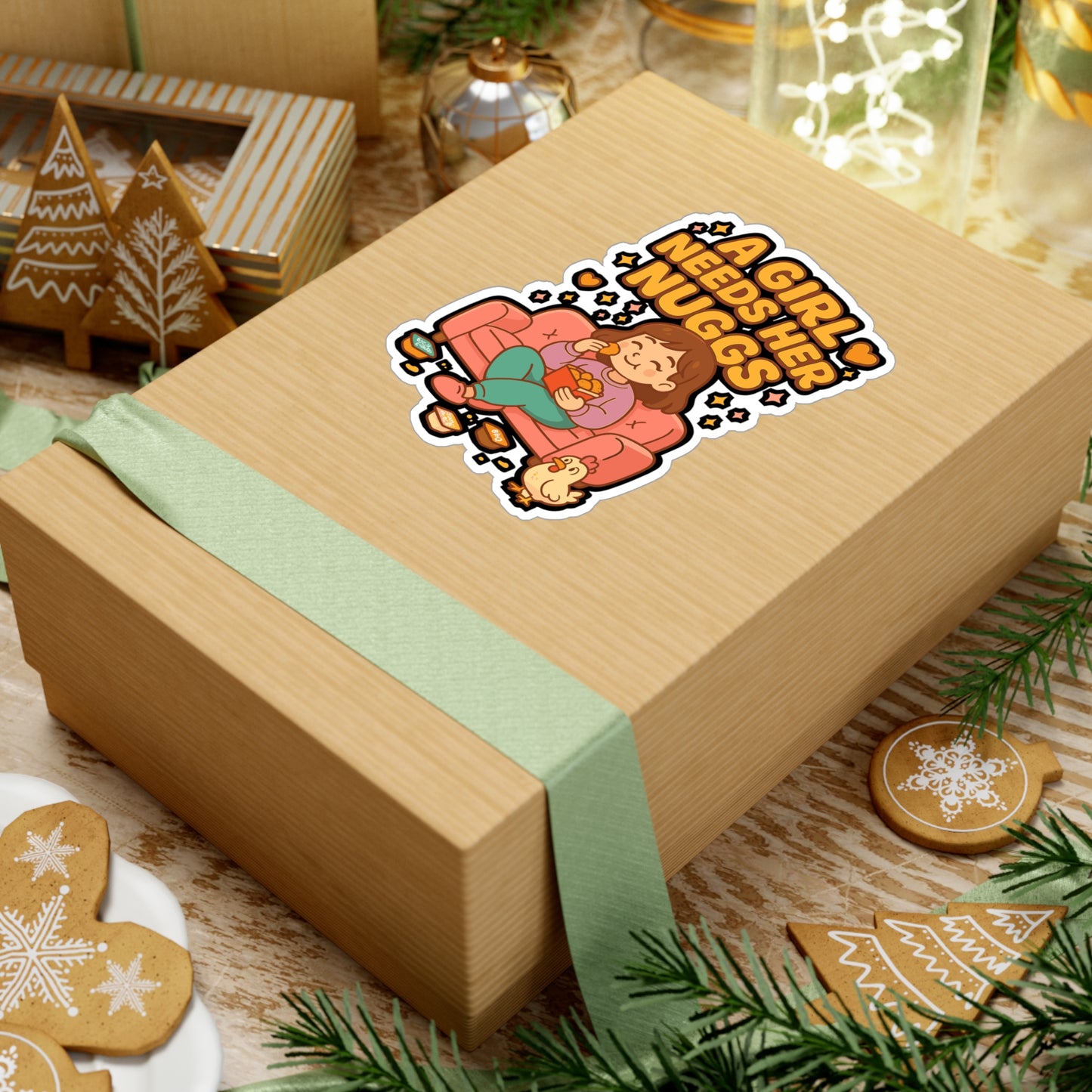 A Girl Needs Her Nuggs - Chicken Nugget Sticker for Laptop, Water Bottle, Funny Gift for Women, Chicken Lover, Foodie Decor