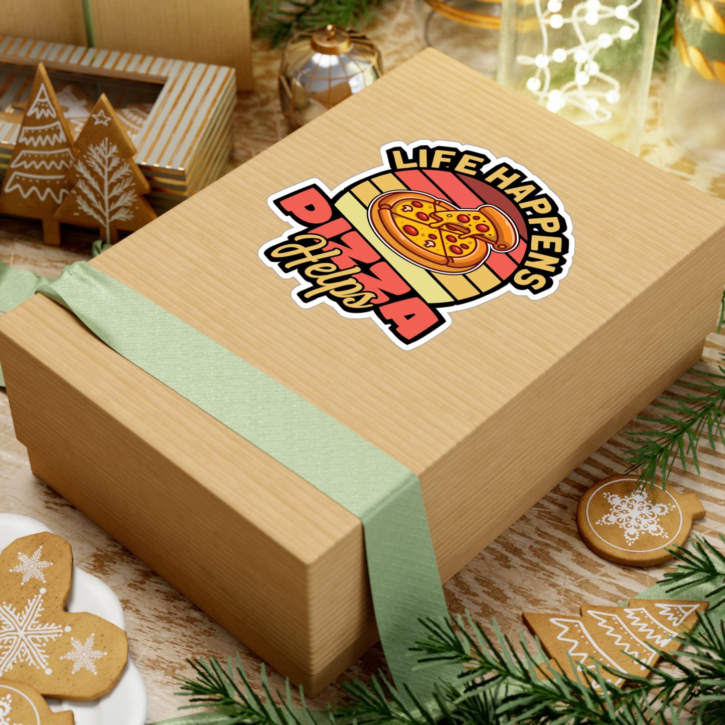 Life Happens Pizza Helps - Pizza Sticker for Laptop Sticker. Water Bottle Sticker, Vinyl Pyramid Decal - Pizza Gift