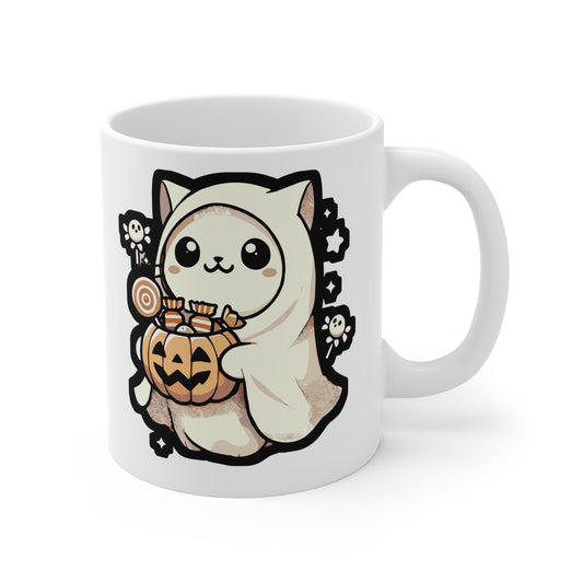 Ghost Halloween Costume Sweets - Halloween Mug for Coffee 11oz. Halloween Cup, White ceramic, Ghost Mug, Cat Tea Cup - Halloween Gift